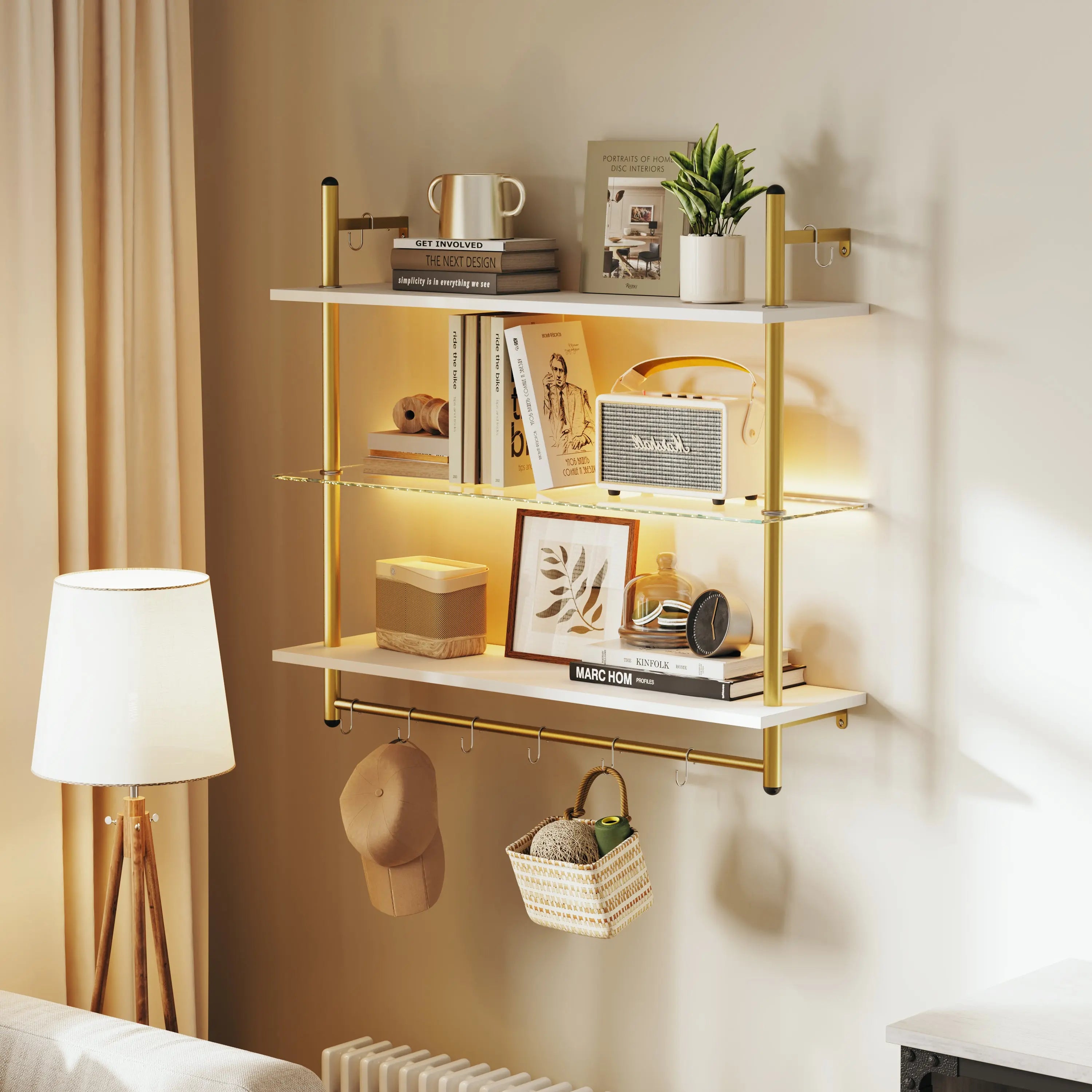 Bestier 41" white floating shelves with gold frame, LED lighting & S-hooks