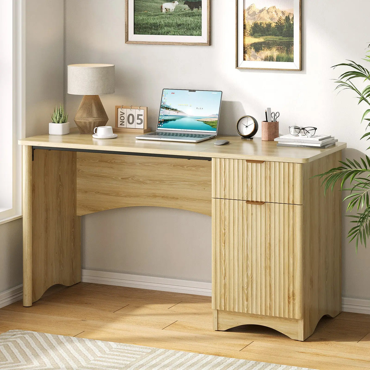 Bestier 47-in Fluted Computer Desk with Drawer & File Cabinet, Modern Natural Oak Storage Unit for Home Office, Bedroom Study, Desk For Home Office Bestier