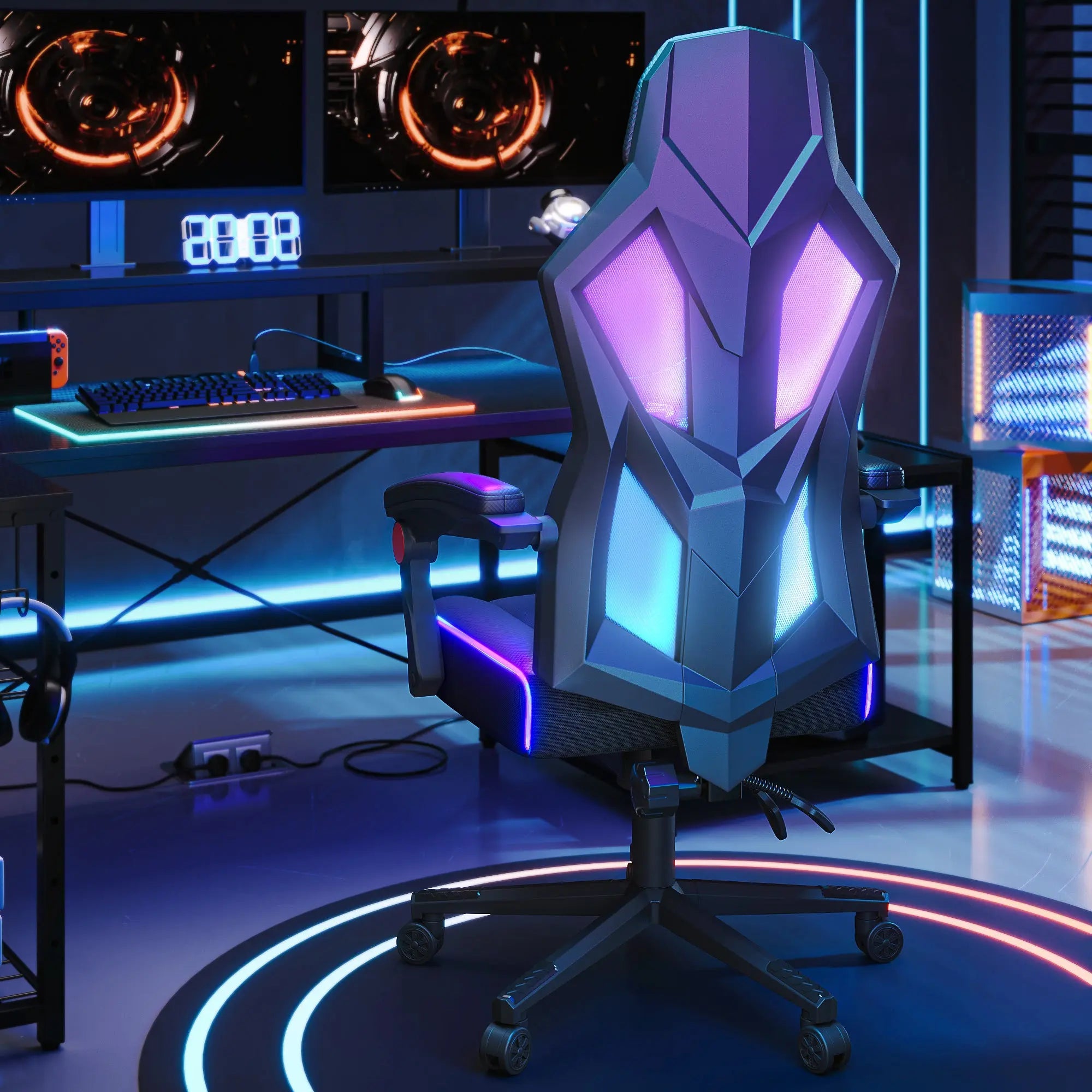 Bestier ergonomic RGB gaming chair with LED lights, lumbar support, breathable mesh.