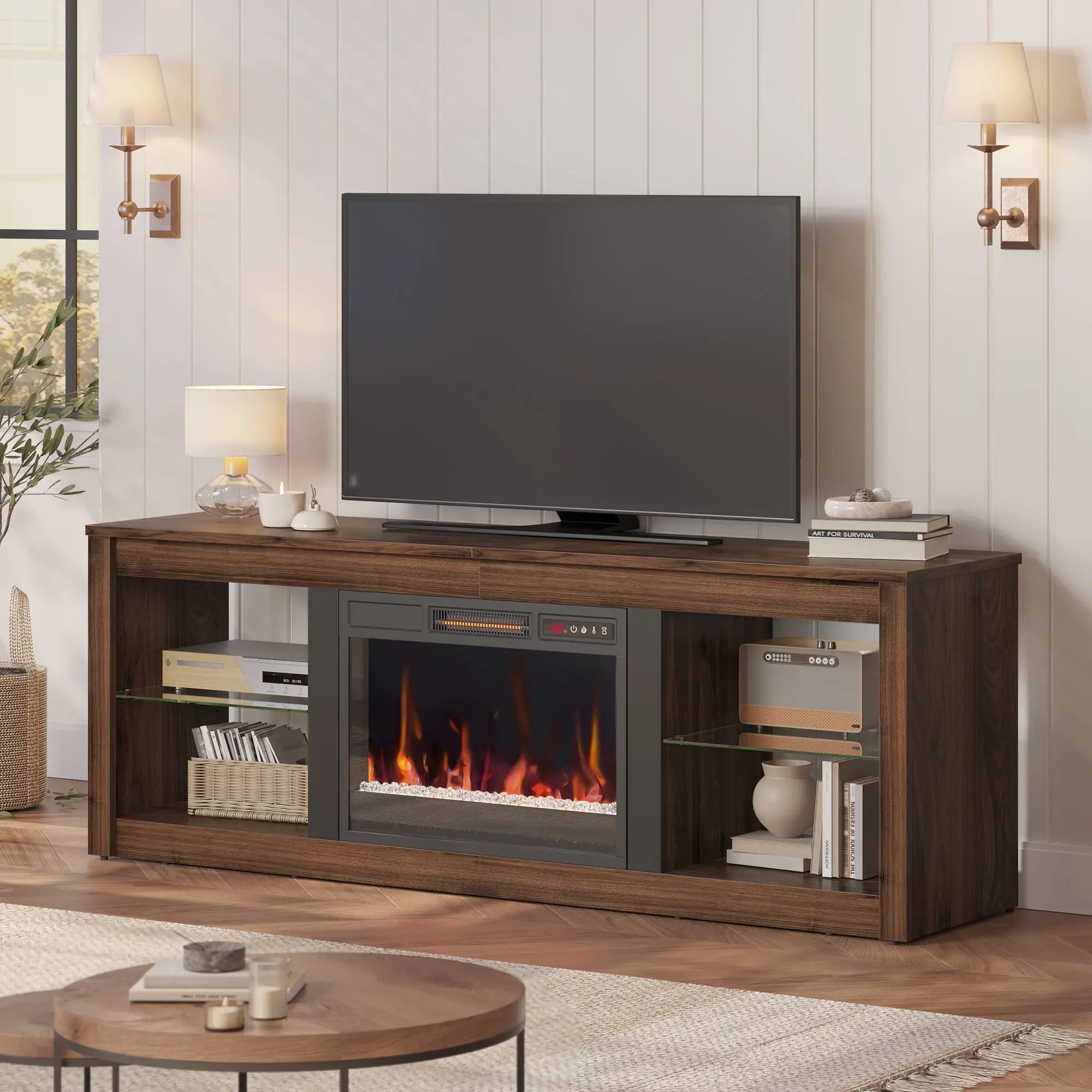 Bestier Modern Electric Fireplace TV Stand for TVs up to 55", with LED and Glass Shelves, Walnut Bestier