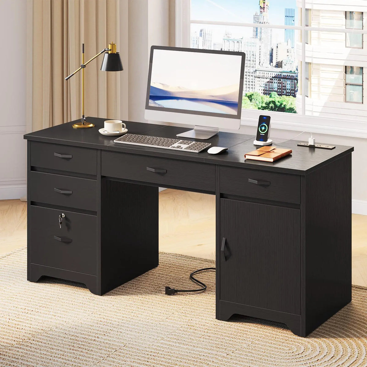 Bestier 59” Office Desk with Lockable Drawers & Charging Station, Black Bestier