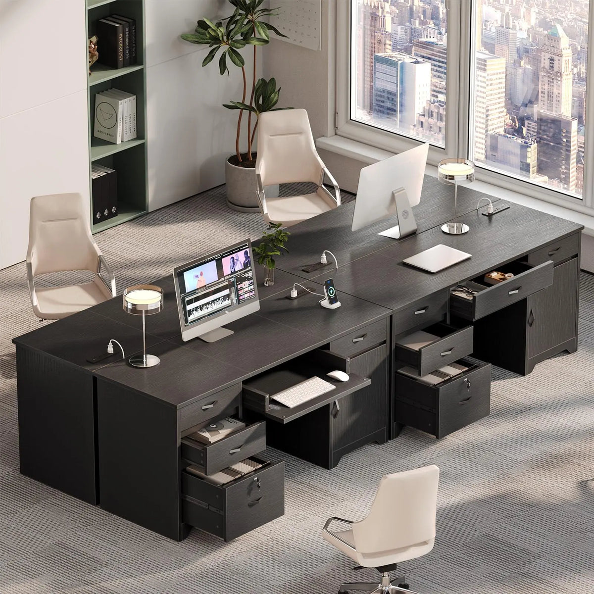 Bestier 59” Office Desk with Lockable Drawers & Charging Station, Black Bestier