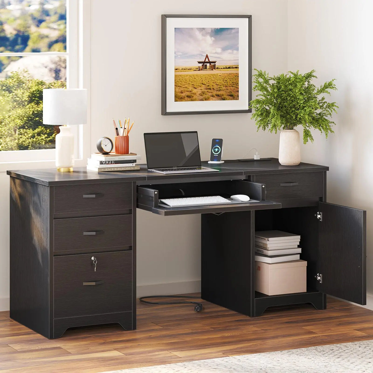 Bestier 59” Office Desk with Lockable Drawers & Charging Station, Black Bestier
