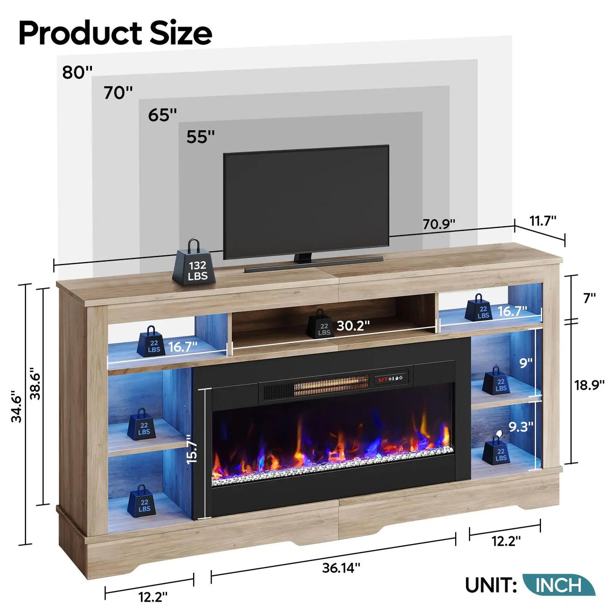 Bestier 70-in Indoor Fireplace TV Stand - RGB Lights, Open Storage, 36-in Insert (Fireplace TV Stands Category), Indoor Use Bestier