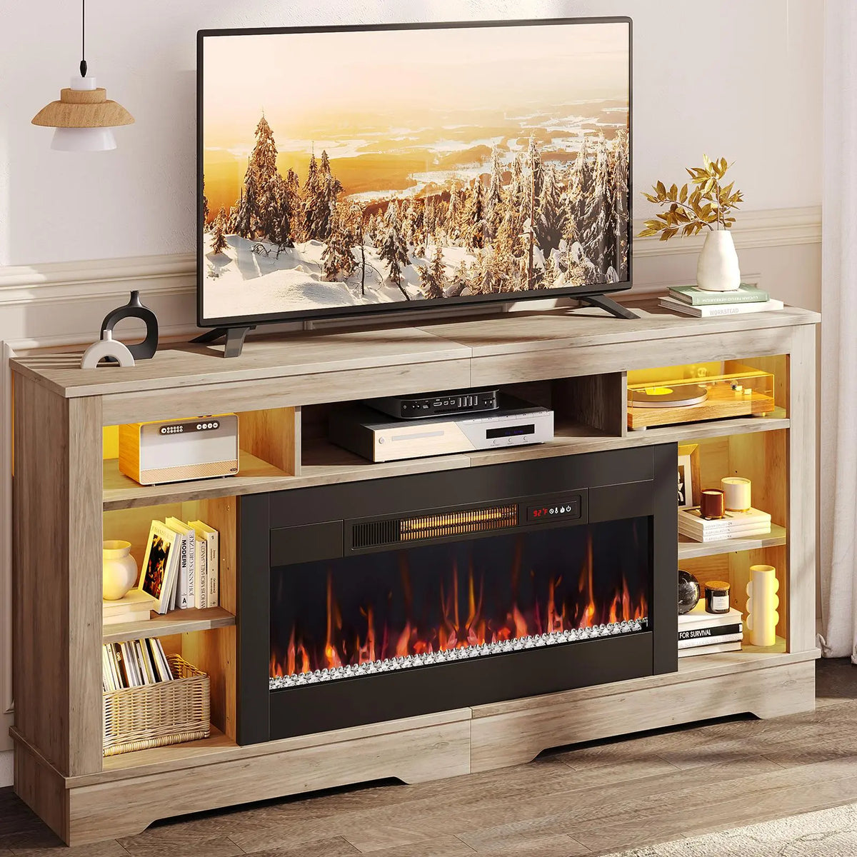 Bestier 70-in Indoor Fireplace TV Stand - RGB Lights, Open Storage, 36-in Insert (Fireplace TV Stands Category), Indoor Use Bestier