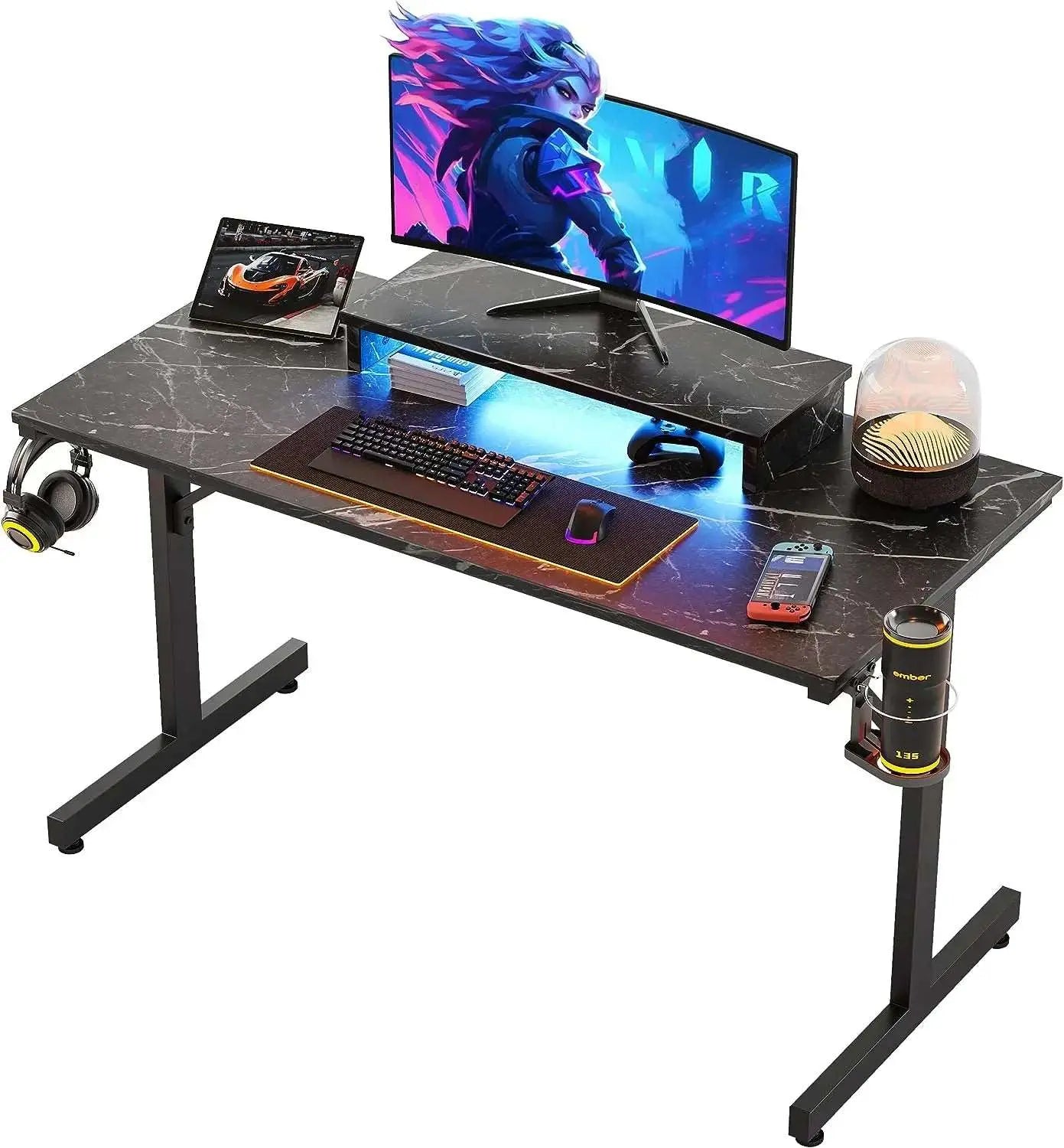 Small Gaming Desk with Monitor Stand,42 inch LED Computer Desk, Gamer Workstation with Cup Holder & Headset Hooks, Modern Simple Style Desk for Home Office, Carbon Fiber Black - Bestier