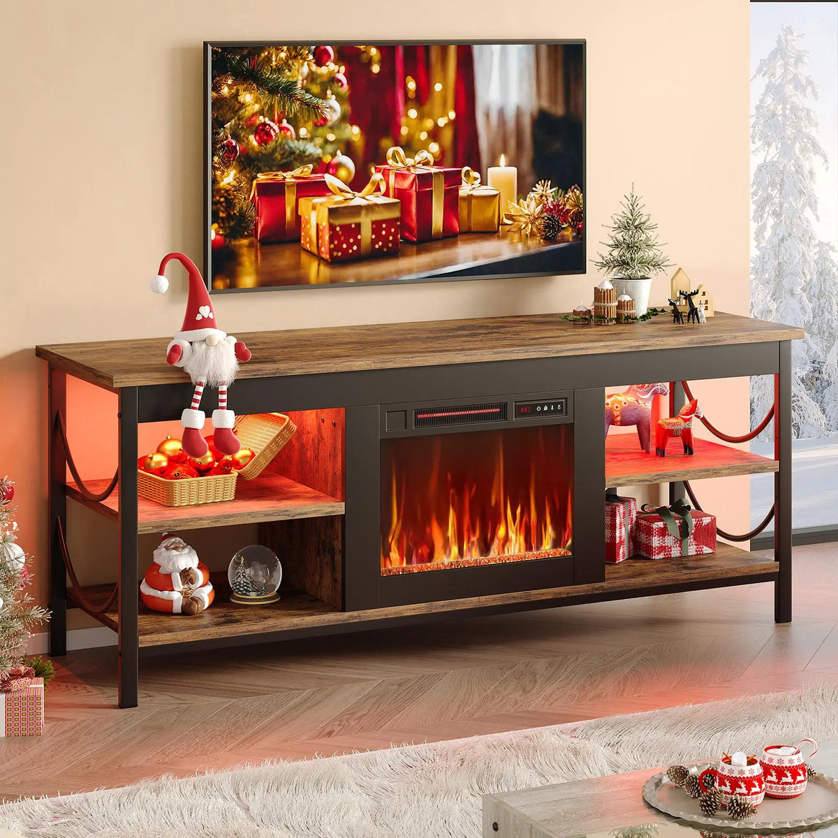 BESTIER 55-Inch Electric Fireplace TV Stand, Gaming Entertainment Center for TVs Up to 65 Inches with Open Storage Shelves Bestier