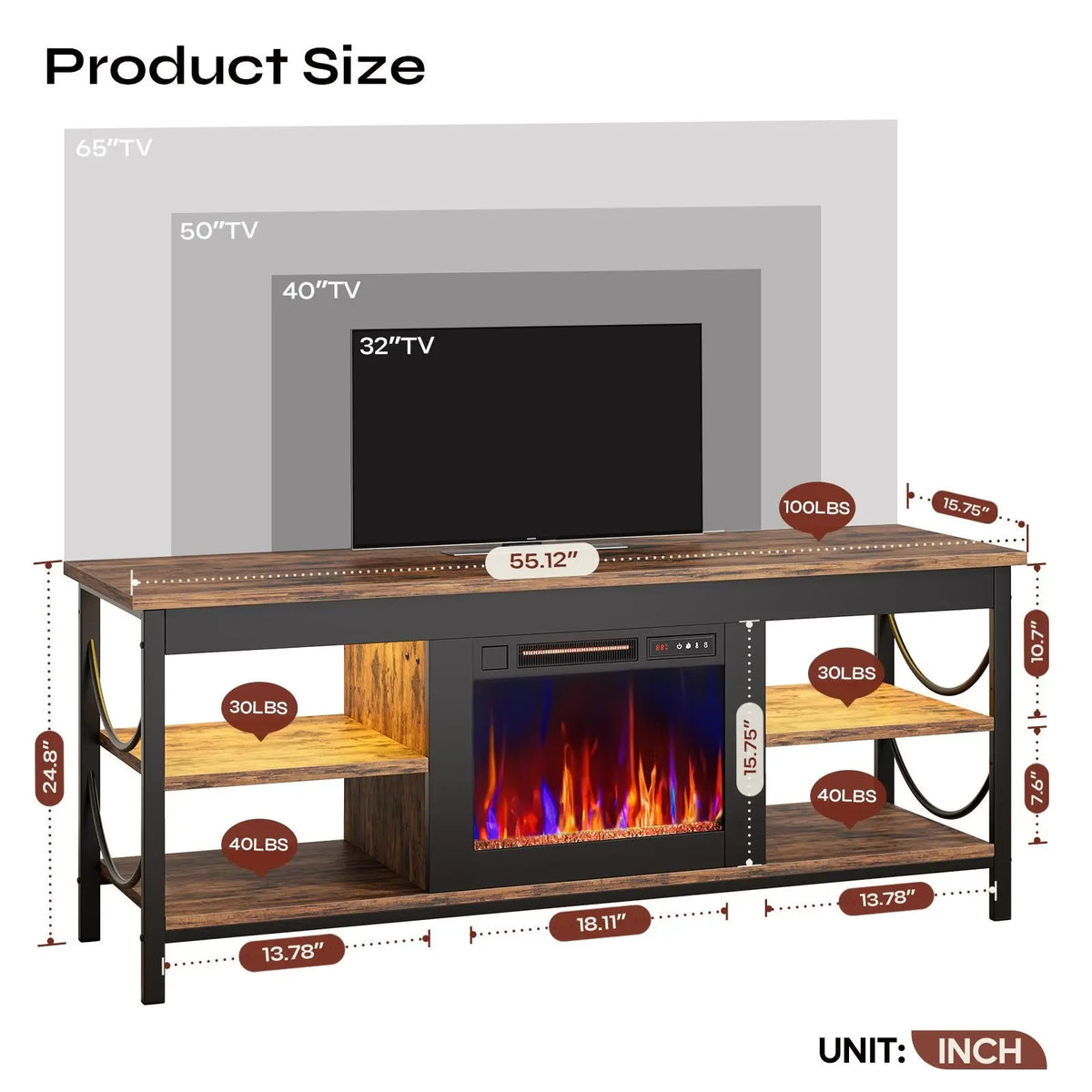 BESTIER 55-Inch Electric Fireplace TV Stand, Gaming Entertainment Center for TVs Up to 65 Inches with Open Storage Shelves Bestier