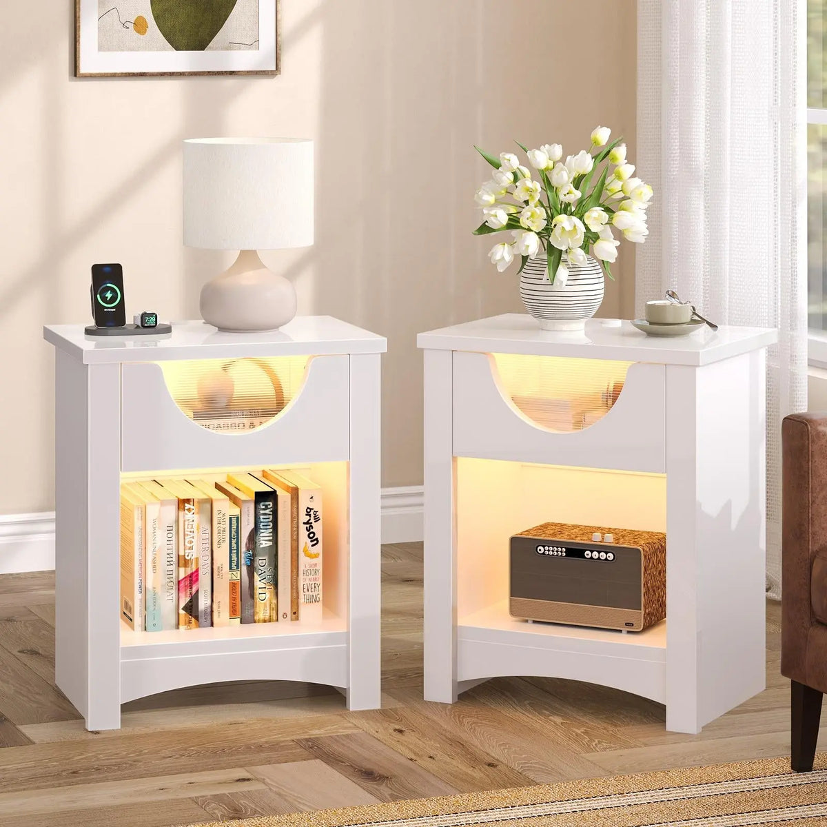 Bestier Nightstands Set of 2 with Charging Station, Modern LED End Table Bedside Table with Drawer for Bedroom, Living Room Bestier