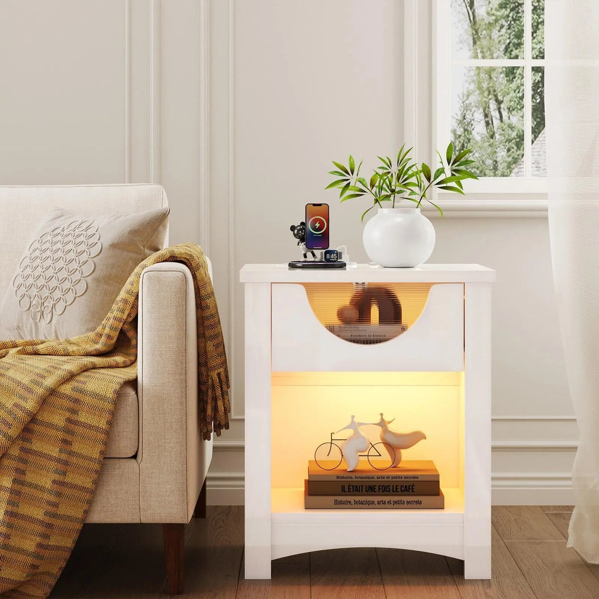 Bestier Nightstands Set of 2 with Charging Station, Modern LED End Table Bedside Table with Drawer for Bedroom, Living Room Bestier