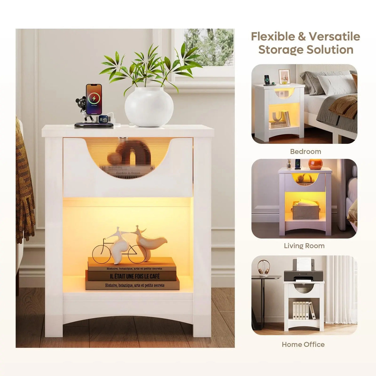 Bestier Nightstands Set of 2 with Charging Station, Modern LED End Table Bedside Table with Drawer for Bedroom, Living Room Bestier