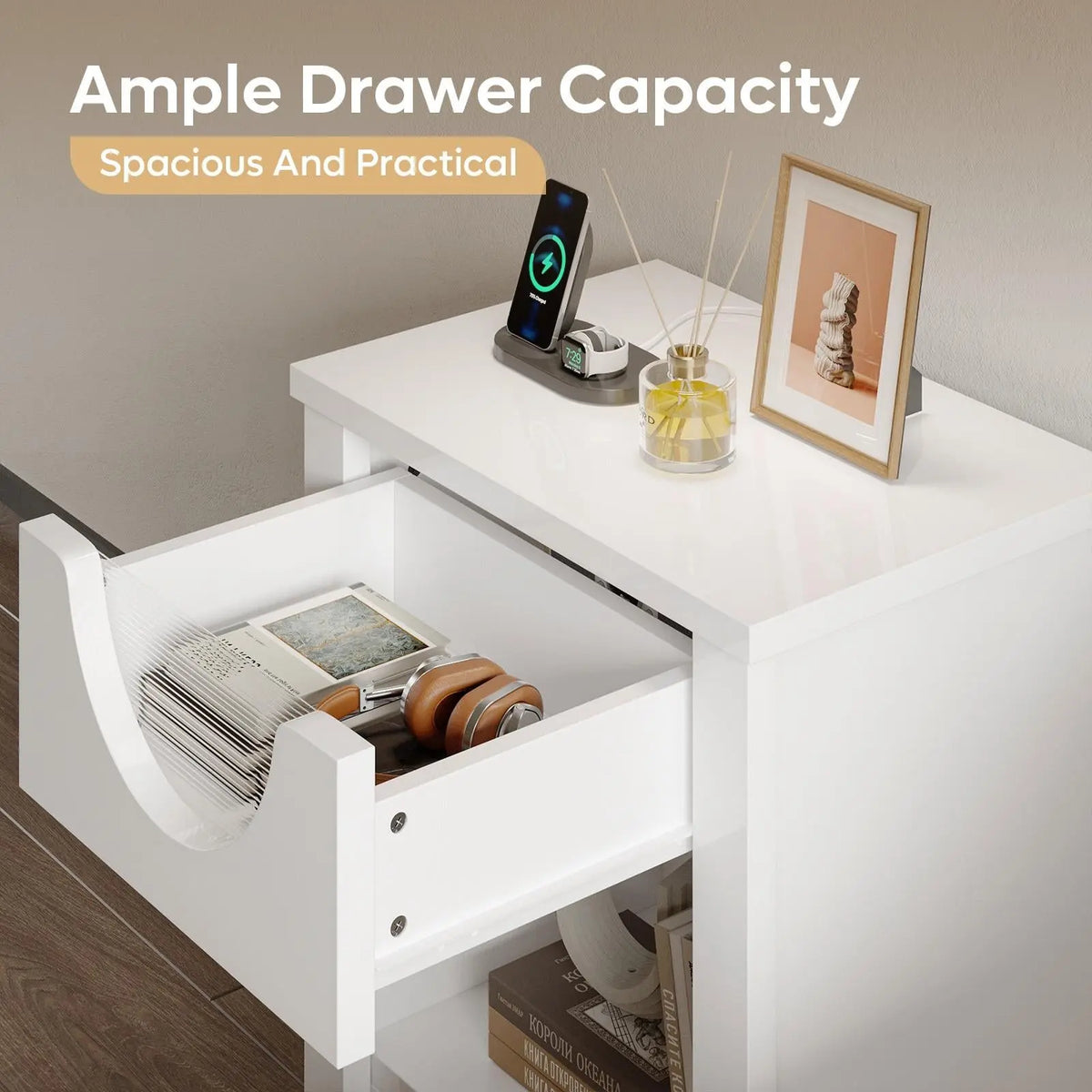 Bestier Nightstands Set of 2 with Charging Station, Modern LED End Table Bedside Table with Drawer for Bedroom, Living Room Bestier