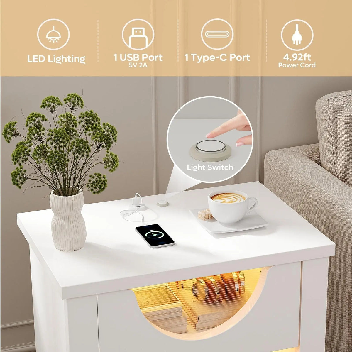 Bestier Nightstands Set of 2 with Charging Station, Modern LED End Table Bedside Table with Drawer for Bedroom, Living Room Bestier