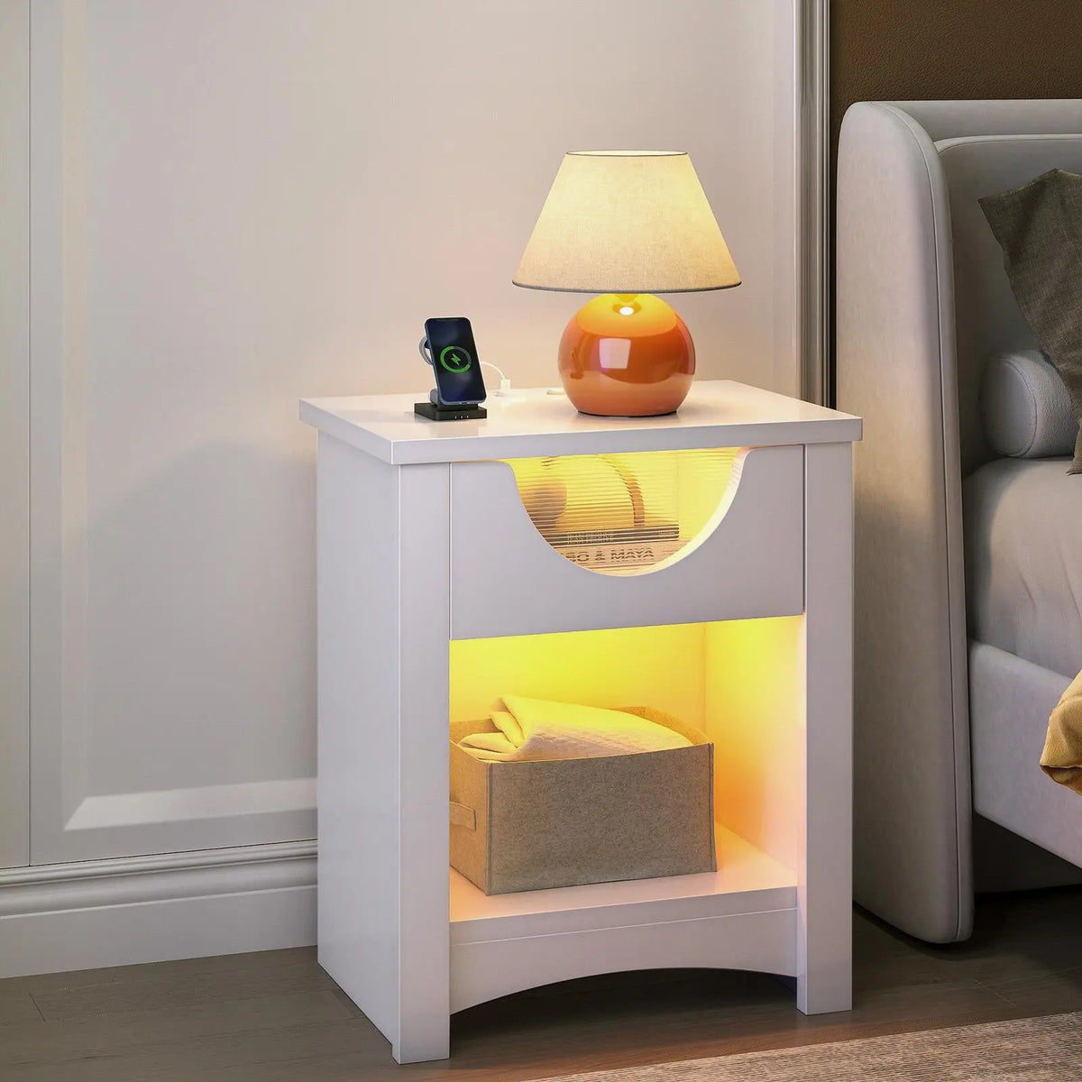 Bestier Nightstands Set of 2 with Charging Station, Modern LED End Table Bedside Table with Drawer for Bedroom, Living Room Bestier