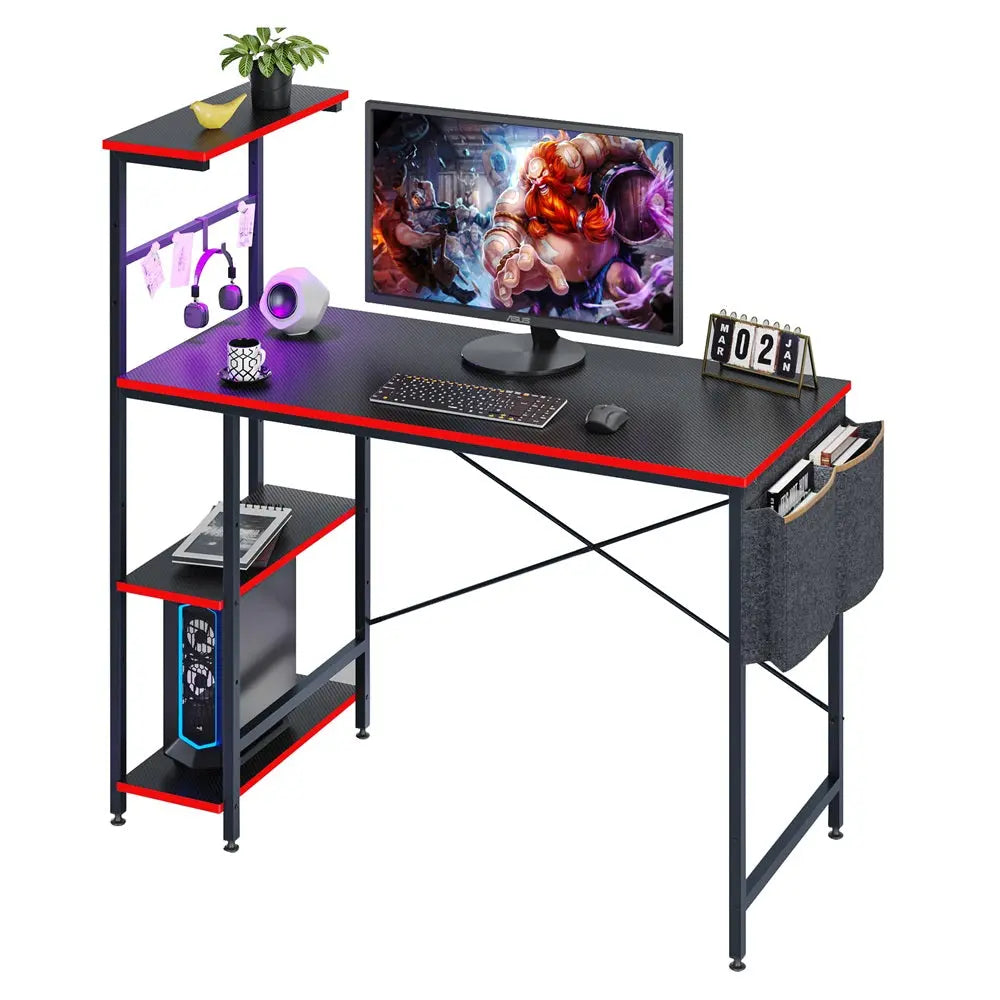44’‘Computer Desk of Black Carbon Fiber with Bookshelf and Side Pocket - Bestier