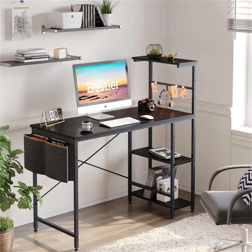 44’‘Computer Desk of Black with Bookshelf and Side Pocket - Bestier