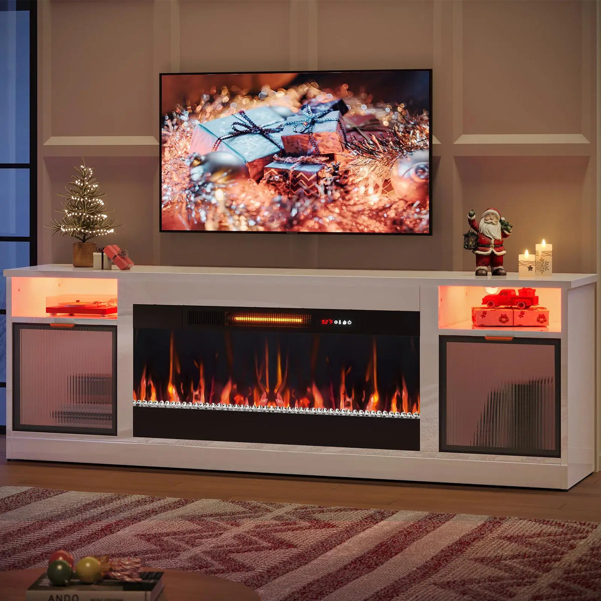 Bestier LED Fireplace TV Stand - 70" Wide Fit, 70 Inches/75"80" TV Ready, 36" Electric Fireplace with Heat + Ambience, High Gloss Modern Media Console with Storage Cabinet for Living Room Bedroom, White Bestier