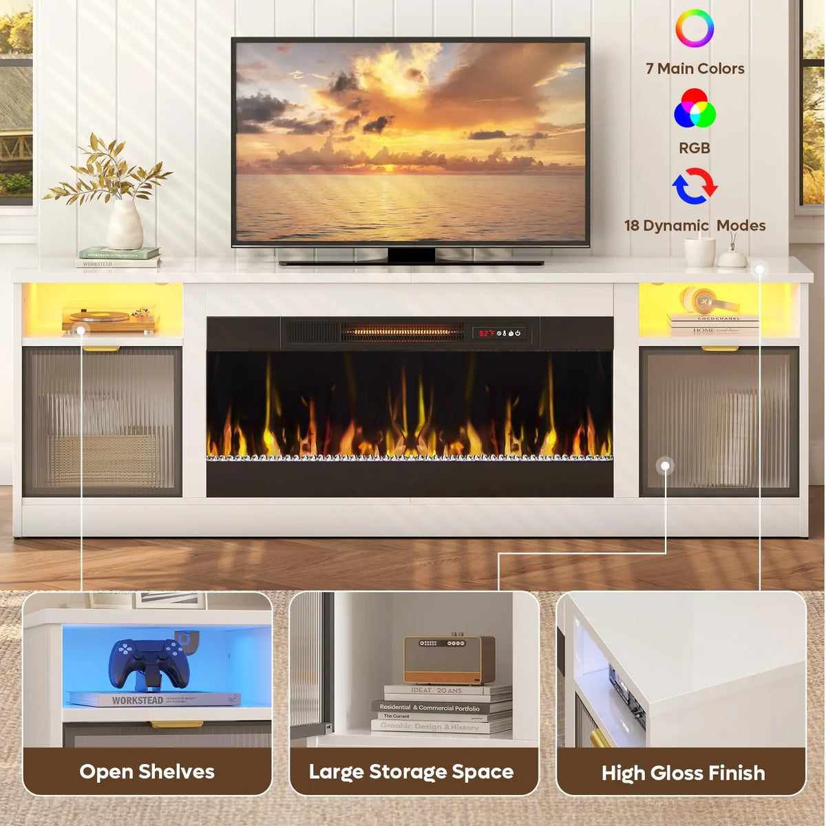 Bestier LED Fireplace TV Stand - 70" Wide Fit, 70 Inches/75"80" TV Ready, 36" Electric Fireplace with Heat + Ambience, High Gloss Modern Media Console with Storage Cabinet for Living Room Bedroom, White Bestier