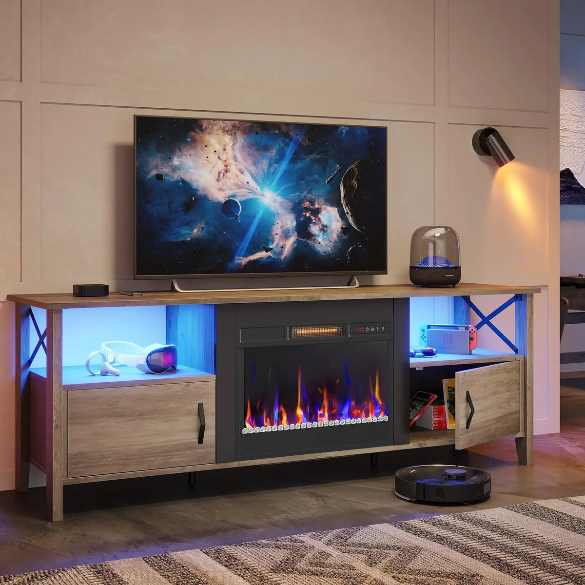 Bestier 63" Fireplace TV Stand (Fits TVs Up to 70"), Indoor Furniture LED Gaming Center with 18" Fireplace & Storage Shelves for Living Room, Fireplace Tv Stands Bestier