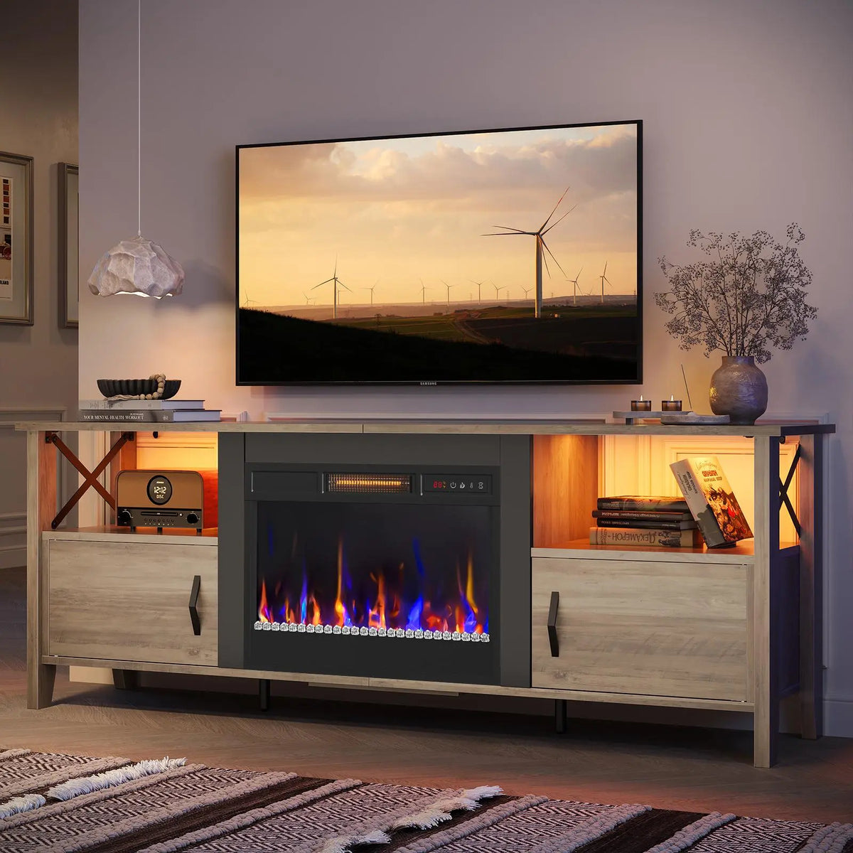 Bestier 63" Fireplace TV Stand (Fits TVs Up to 70"), Indoor Furniture LED Gaming Center with 18" Fireplace & Storage Shelves for Living Room, Fireplace Tv Stands Bestier
