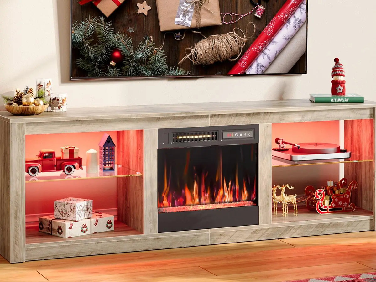 Bestier Wood & Glass Modern Fireplace TV Stand, 63in Media Console for 70in TVs, 18in Electric Fireplace LED Entertainment Center with Glass Shelves for Living Room Bestier