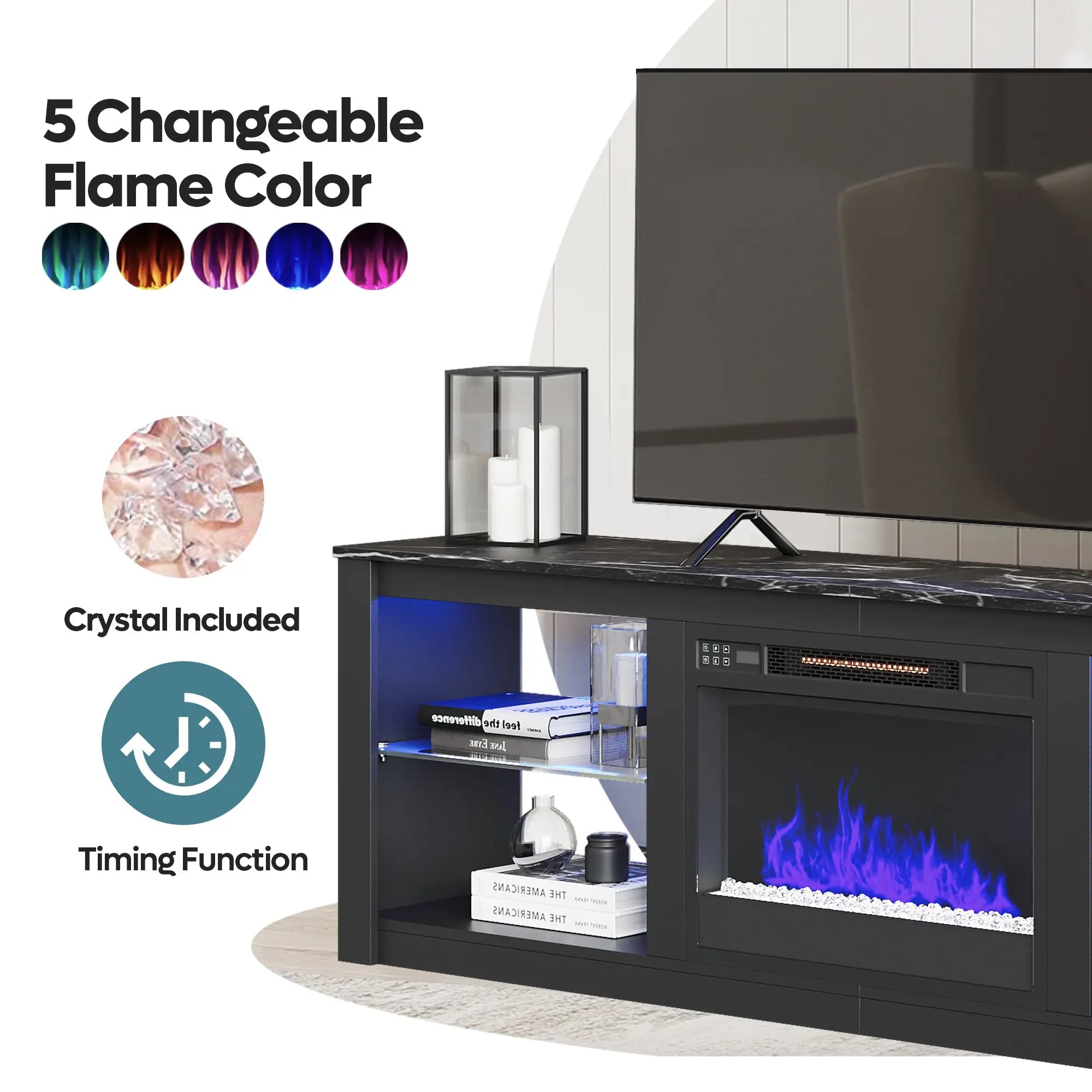Bestier 70-inch fireplace TV stand with RGB lights, 5 changeable flame colors, and crystal media.