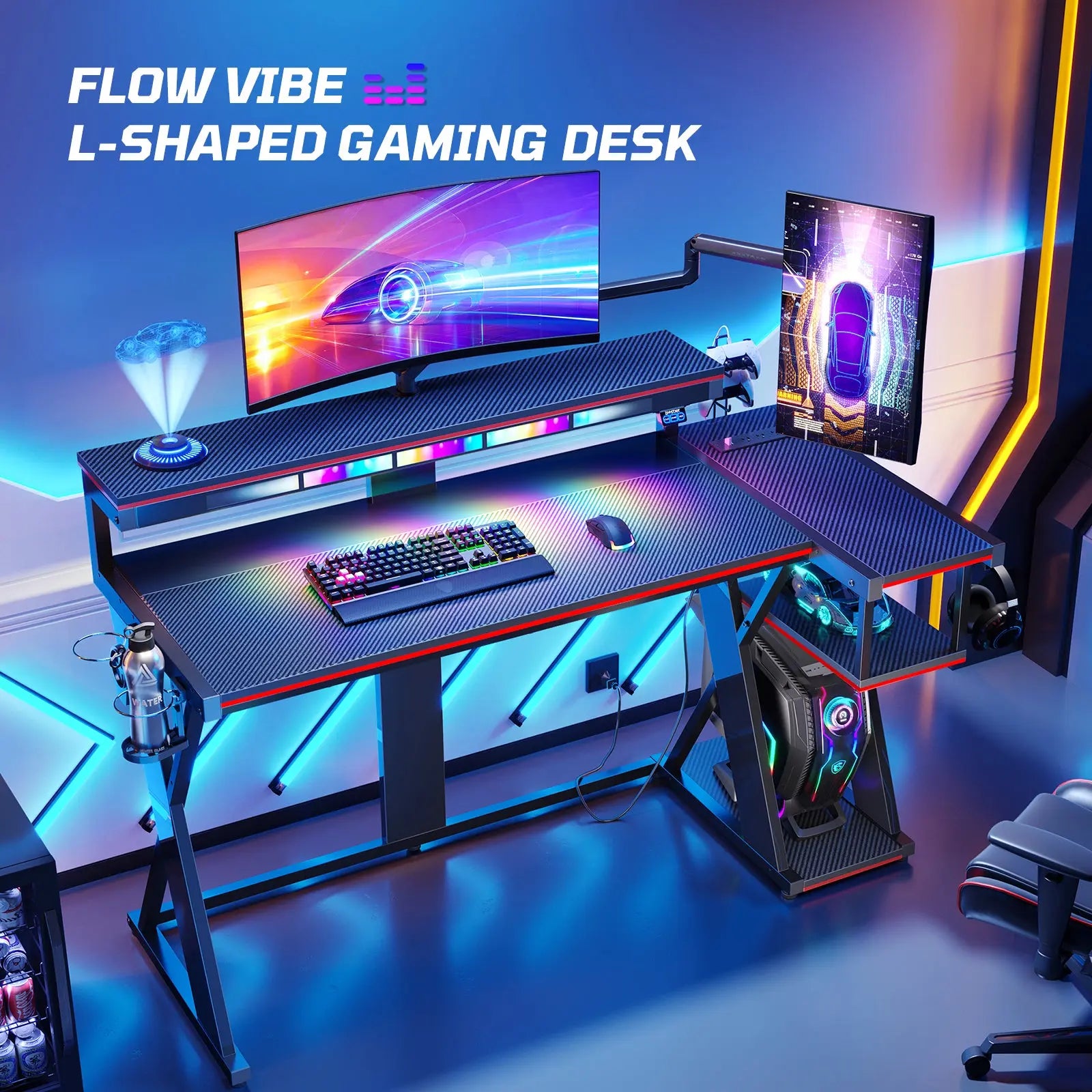 57-inch L-shaped Gaming Desk with RGB Music Sync Lights, 3 AC Outlets & Dual Cup Holders, Black Bestier