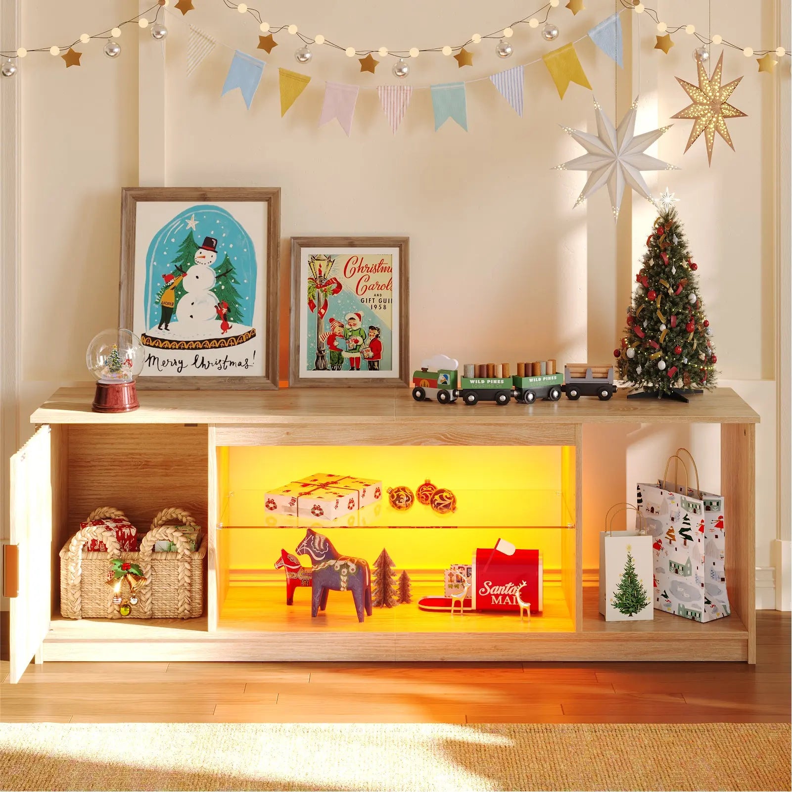 Bestier Fluted TV Stand for TVs up to 65 inch with LED Lights, High Glossy Entertainment Center with Storage Cabinet & Shelves Bestier