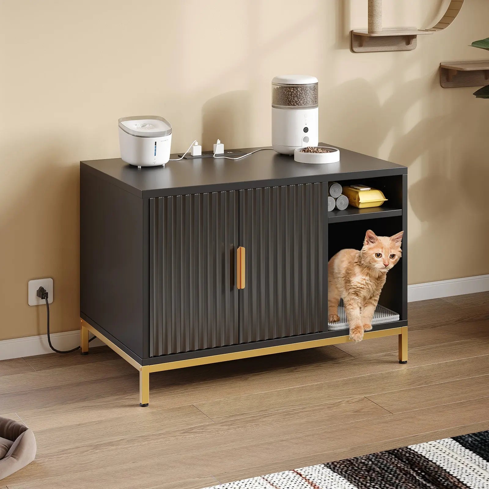 Cat Litter Box Enclosure, Glossy Fluted Hidden Litter Box Cabinet with Power Outlets, Cat Washroom Furniture with Double Layer Litter Mat Bestier