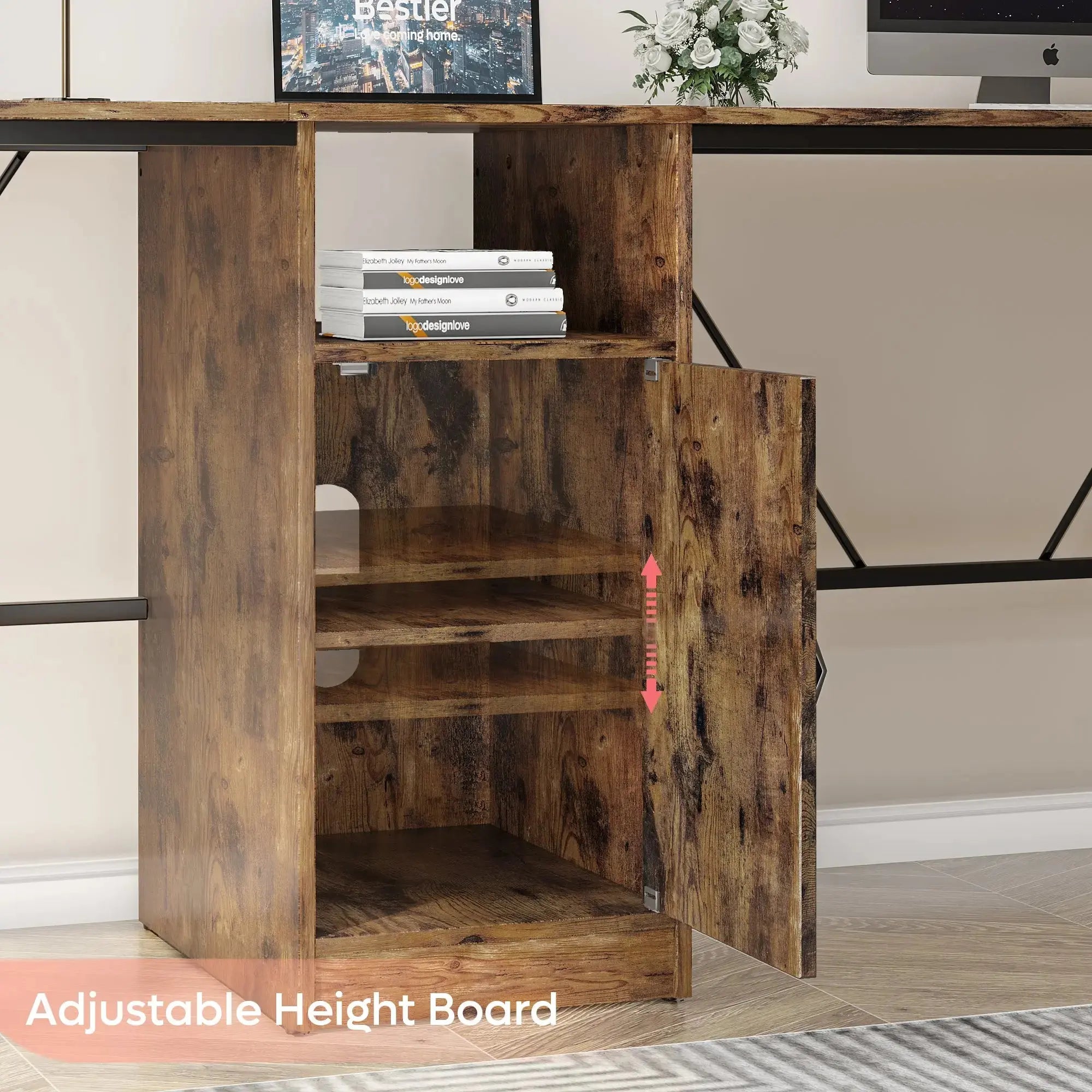 Bestier L-shaped desk cabinet, rustic wood, with adjustable shelves & 'Adjustable Height Board' text.