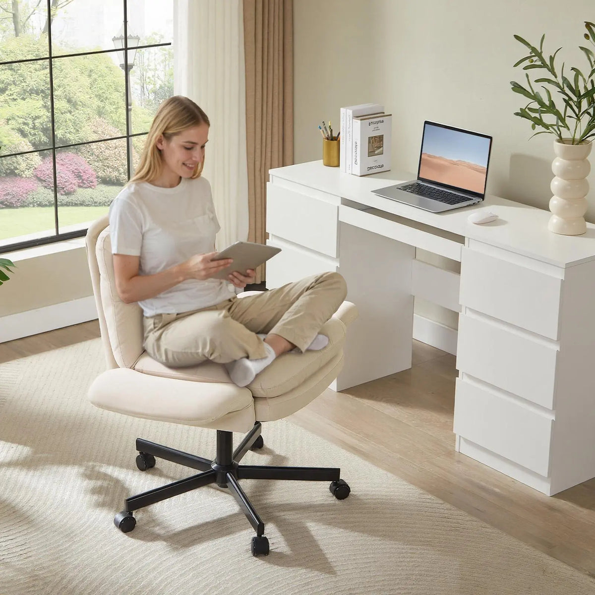 BESTIER Modern Criss Cross Ergonomic Office Desk Chair - 360° Swivel, 5-Position Reversible Flip-Up Arms, Rolling Wheels, Adjustable Backrest, Rock Function, 2 Side Pockets, 21.3”-40.9” Seat Width, Compact Space-Saving (Ergonomic Chairs), Criss Cross Chai Bestier