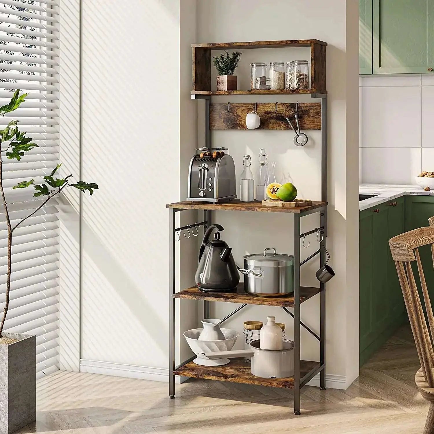 5 Tier Kitchen Bakers Rack of Rustic Brown With Metal Panel