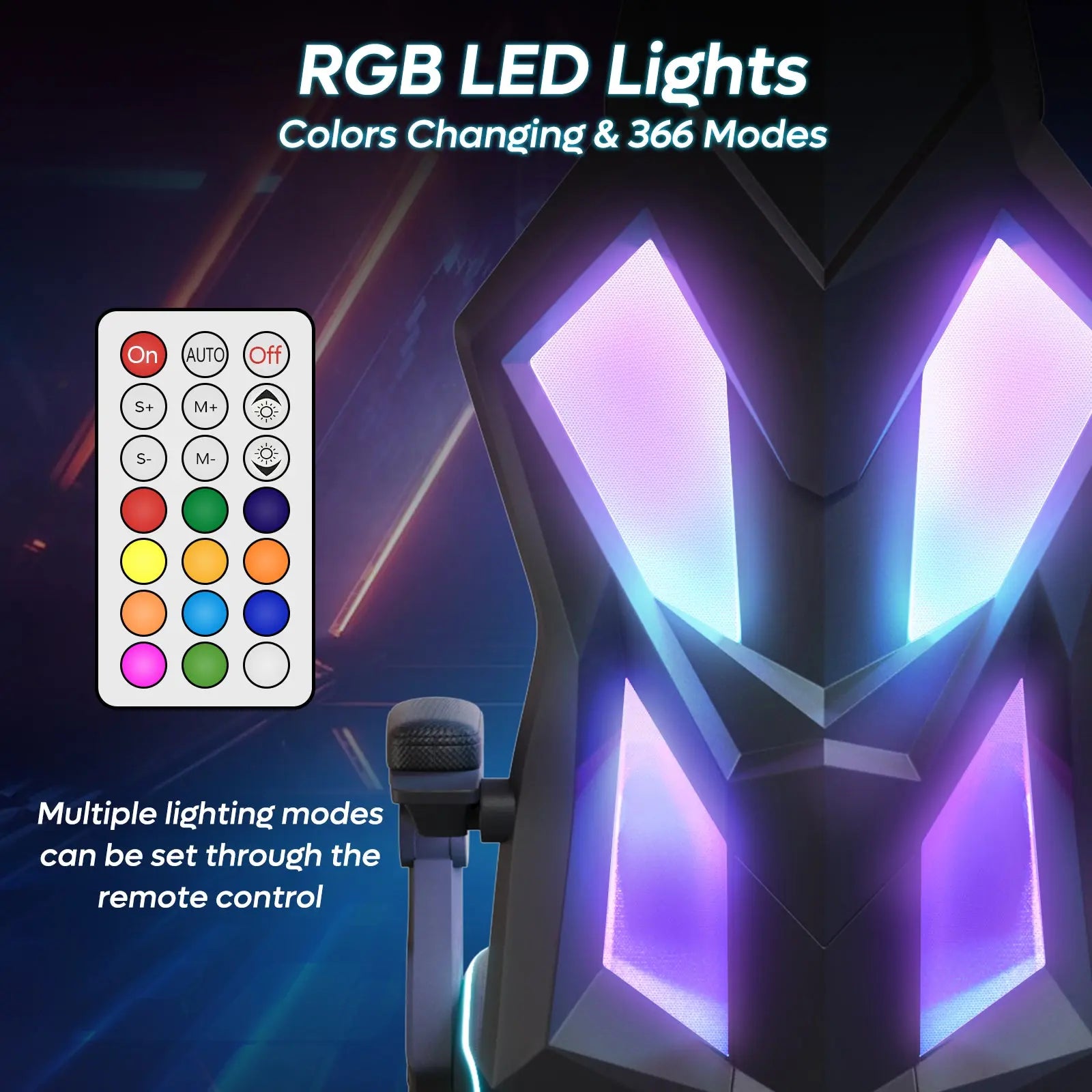Bestier RGB LED gaming chair showing color changing lights and remote control