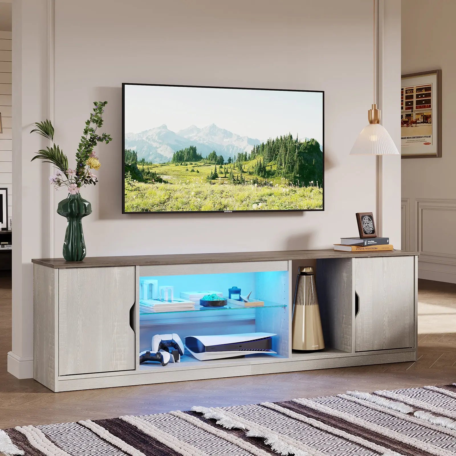 Bestier 70" TV stand, grey wood finish, LED light strips, storage, PS5 console.