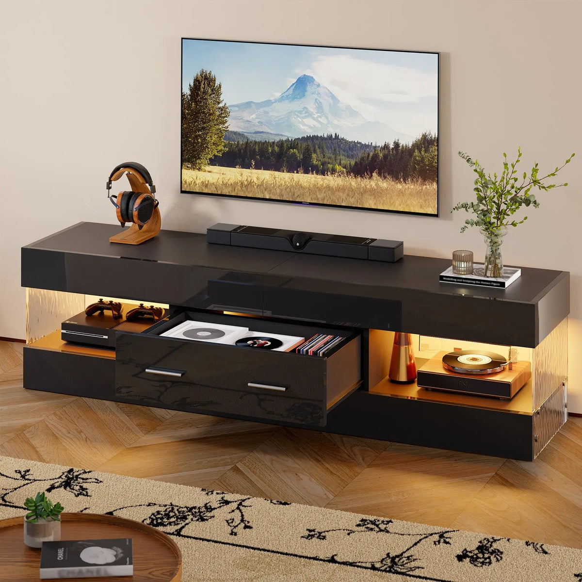 Bestier 60" High Gloss RGB LED TV Stand - Engineered Wood Minimalist Modern Media Console, Pull-Out Storage Drawer, Ripple Texture Acrylic Side Panels, Supports 65" TV, Man Cave Furniture Bestier