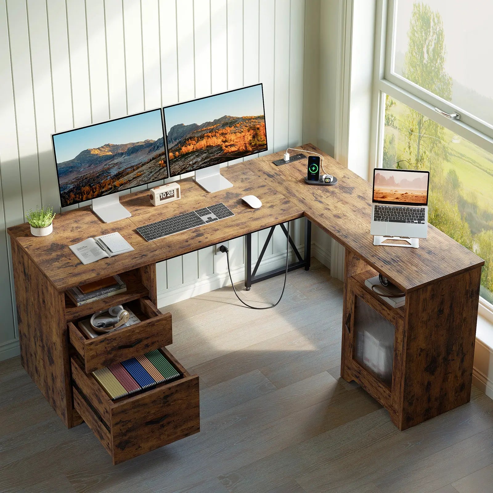 Bestier 63" Farmhouse L Shaped Desk Office Computer Desk with Charging Station & Cabinet, Corner Desk with File Drawers for Home Office Bestier