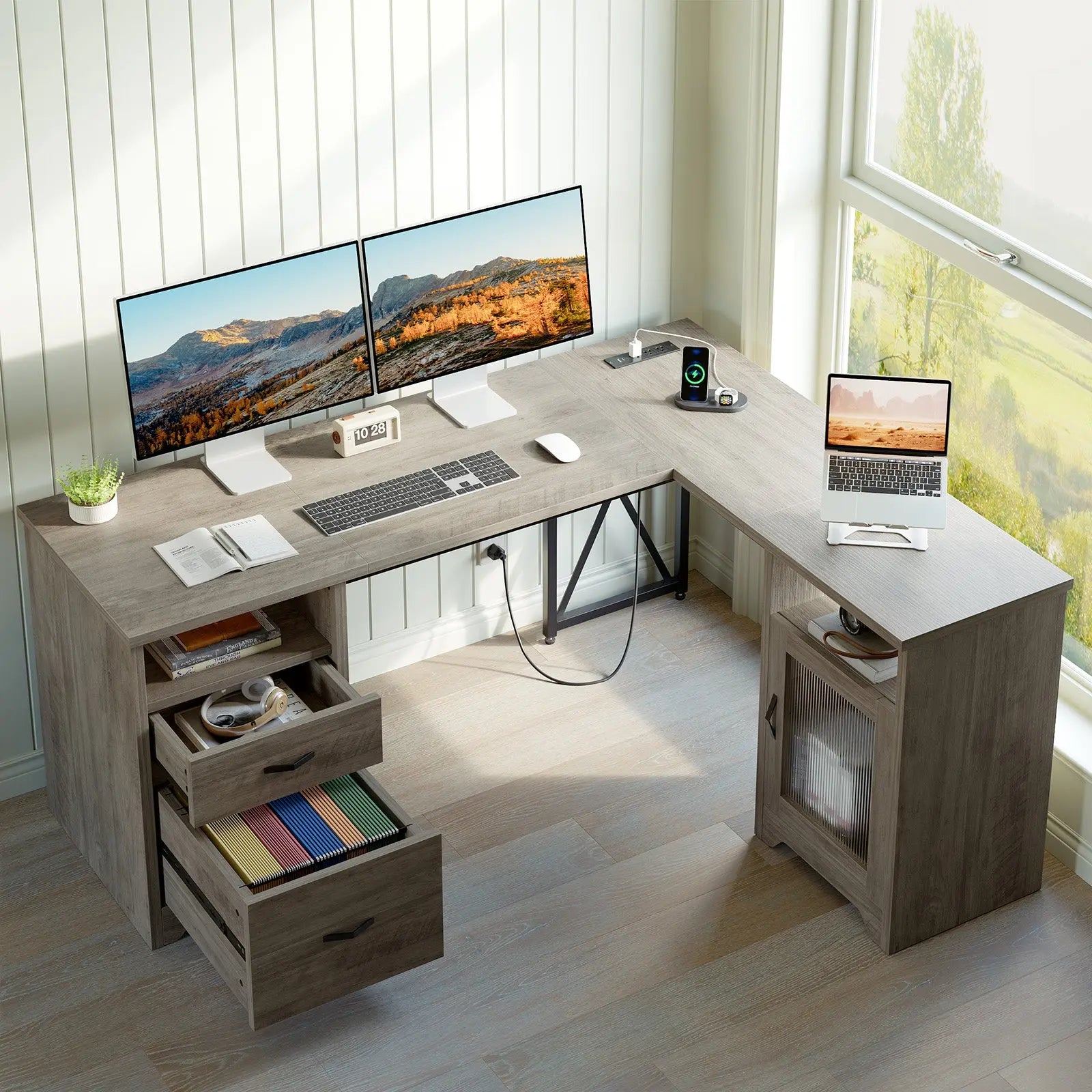 Bestier 63" Farmhouse L Shaped Desk Office Computer Desk with Charging Station & Cabinet, Corner Desk with File Drawers for Home Office Bestier