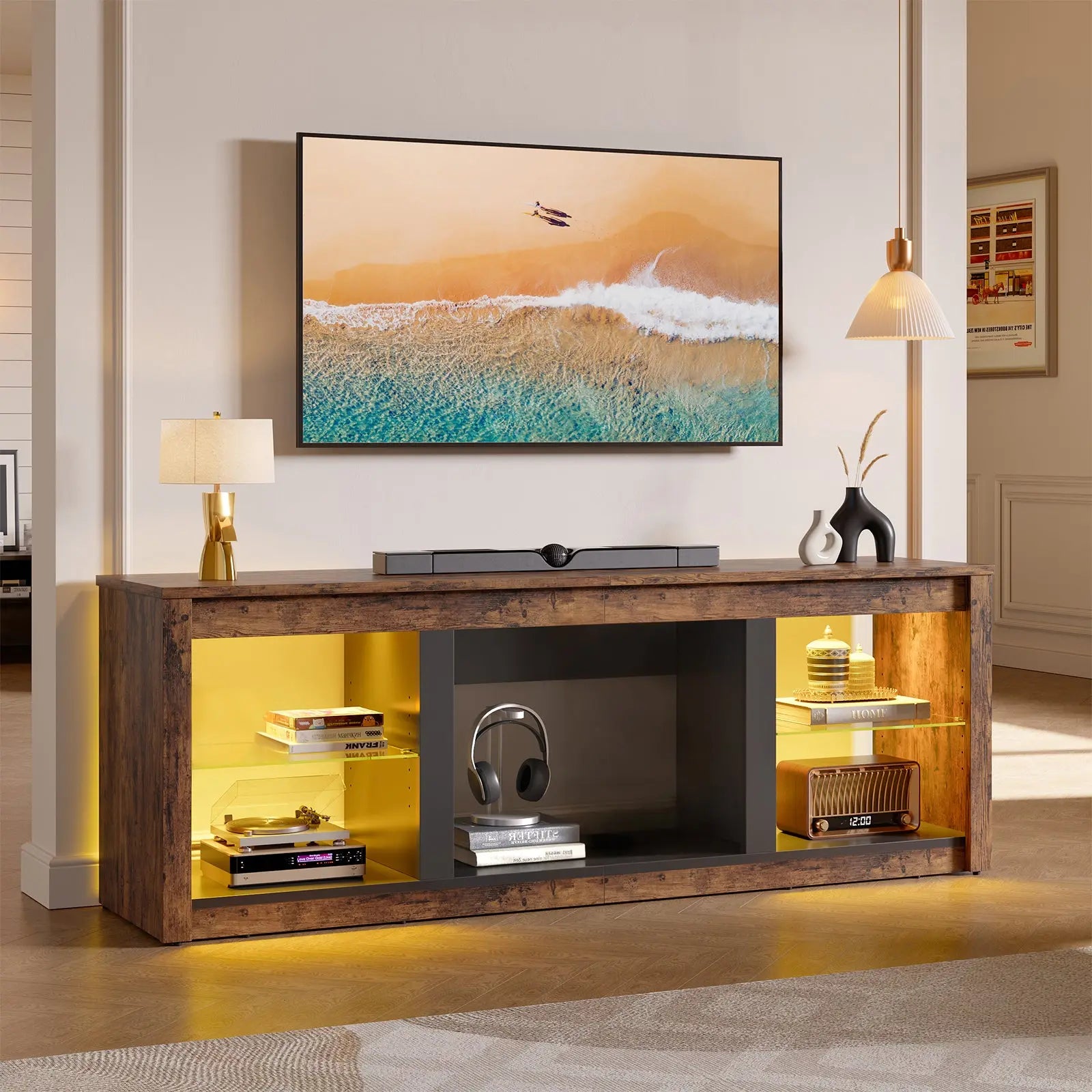 Bestier 70 Inch Fireplace TV Stand for TV up to 75", LED Entertainment Center with 23" Electric Fireplace Media Console Table for Living Room with Glass Shelves Bestier