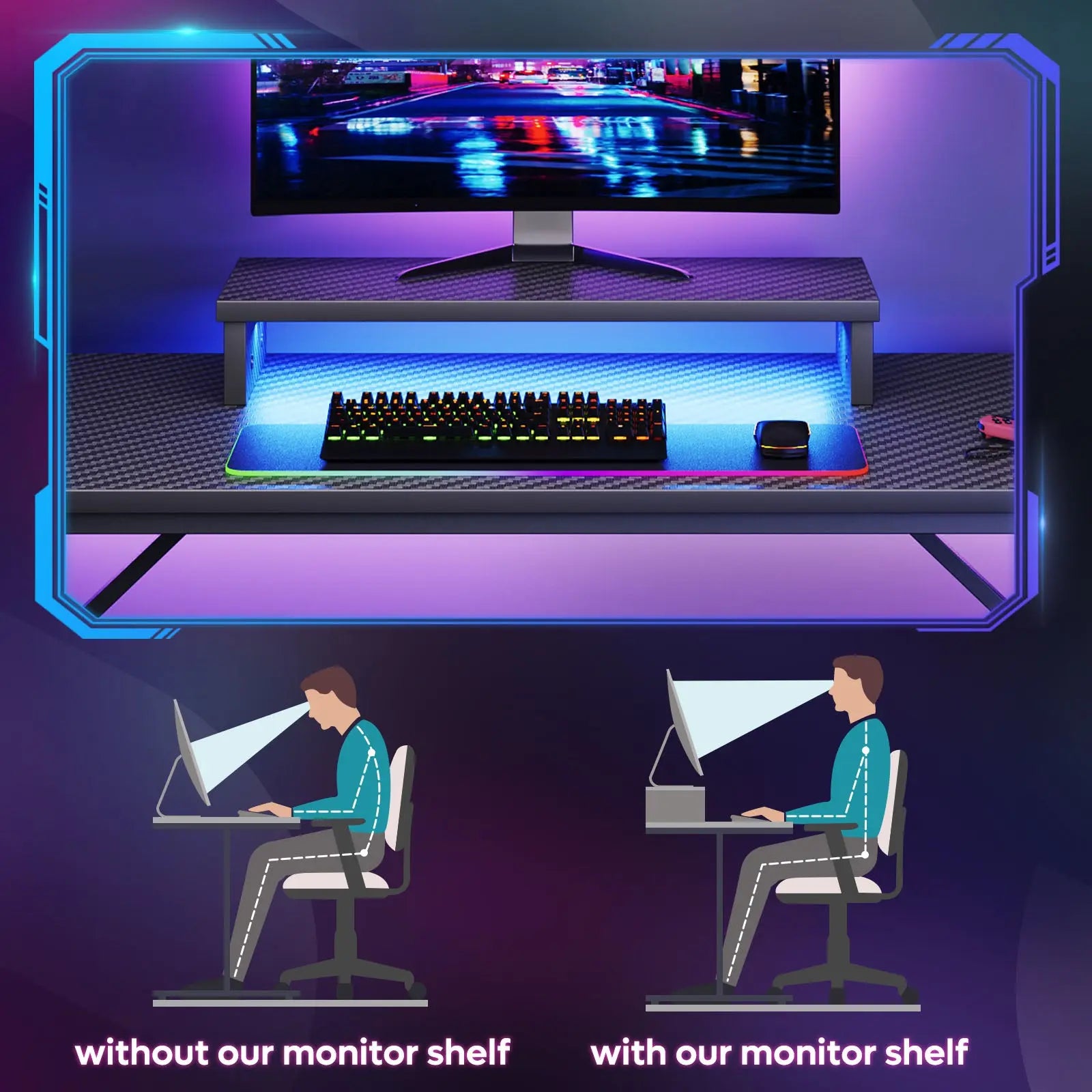 Bestier 42" Gaming Desk PC Computer Office Table Desk with LED Lights & Monitor Stand & Headphone Hook & Cup Holder in Carbon Fiber Black Bestier