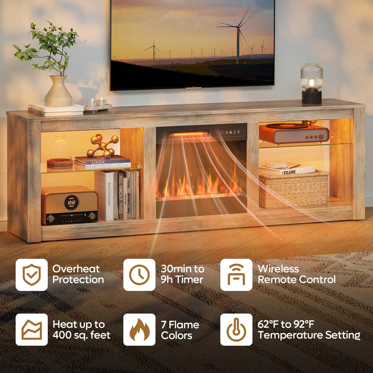 Bestier Wood & Glass Modern Fireplace TV Stand, 63in Media Console for 70in TVs, 18in Electric Fireplace LED Entertainment Center with Glass Shelves for Living Room Bestier