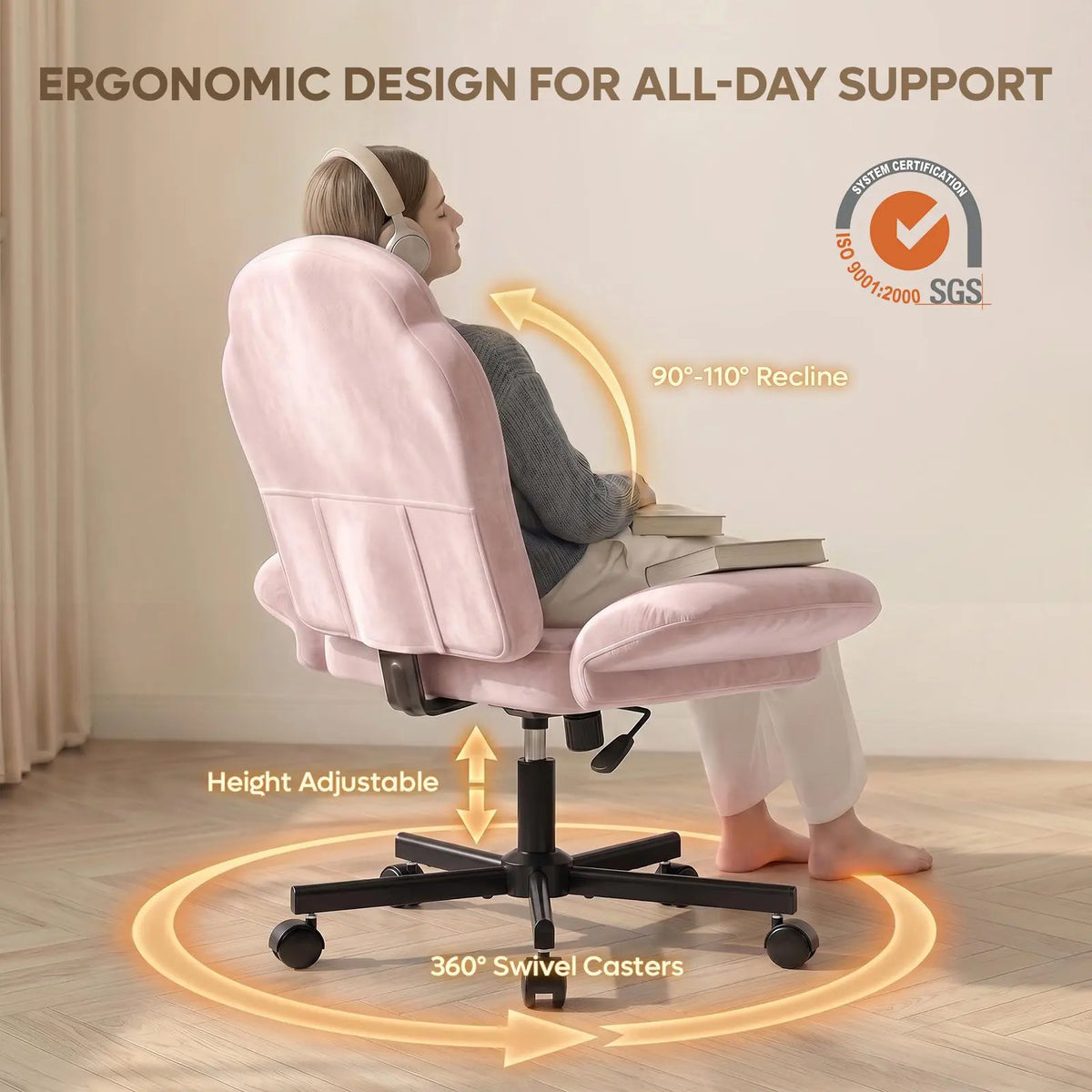 Bestier Adjustable Desk Chair with Flip Armrests, Comfy Ergonomic Vanity Chair 360° Swivel Height Adjustable Rolling Office Chair, 90-110° Recline Makeup Chair for Bedroom, Weight Capacity 275lbs Pet Friendly Soft Chair Bestier
