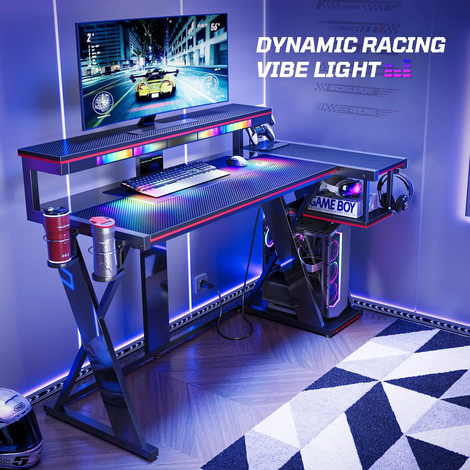 57-inch L-shaped Gaming Desk with RGB Music Sync Lights, 3 AC Outlets & Dual Cup Holders, Black Bestier