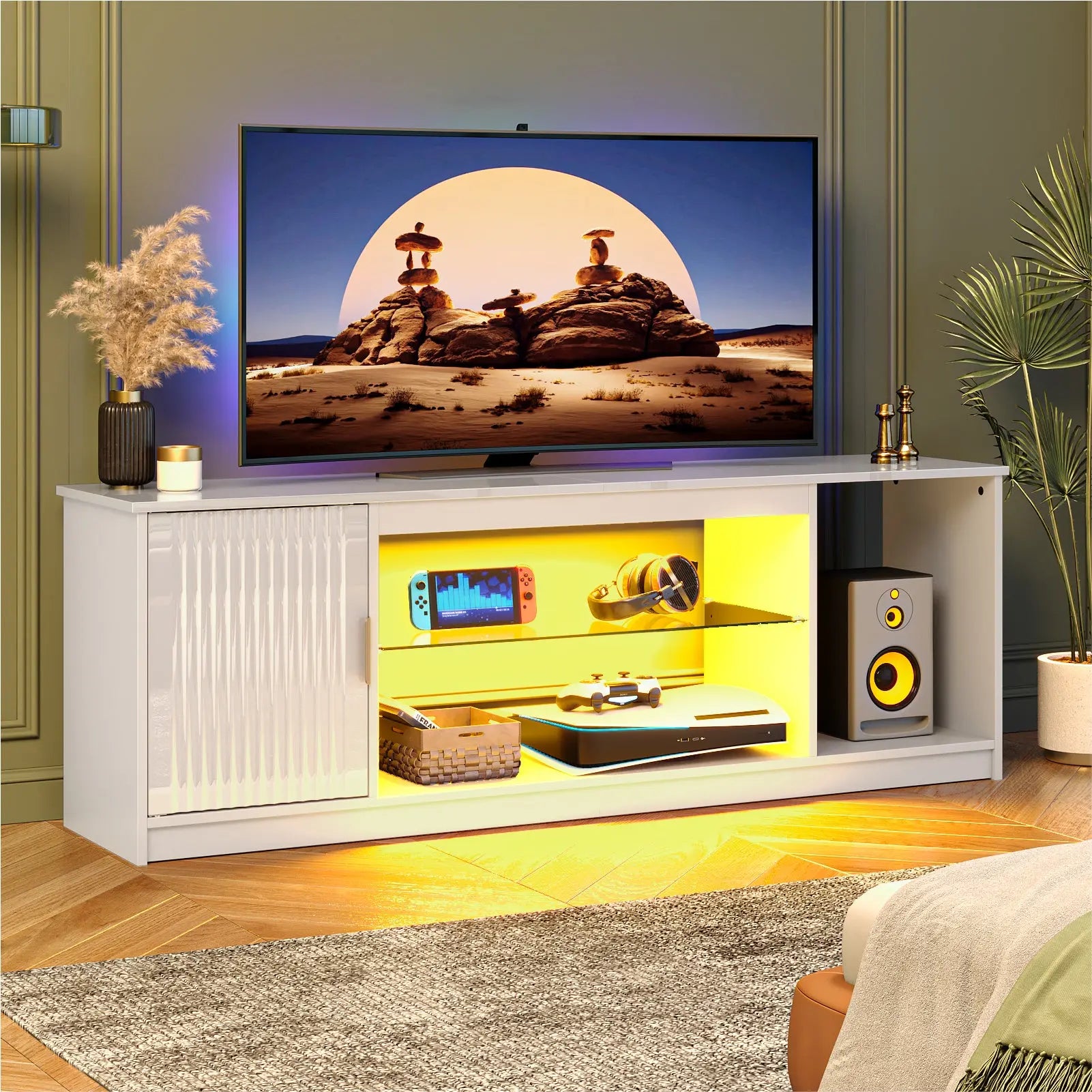 Bestier Fluted TV Stand for TVs up to 65 inch with LED Lights, High Glossy Entertainment Center with Storage Cabinet & Shelves Bestier