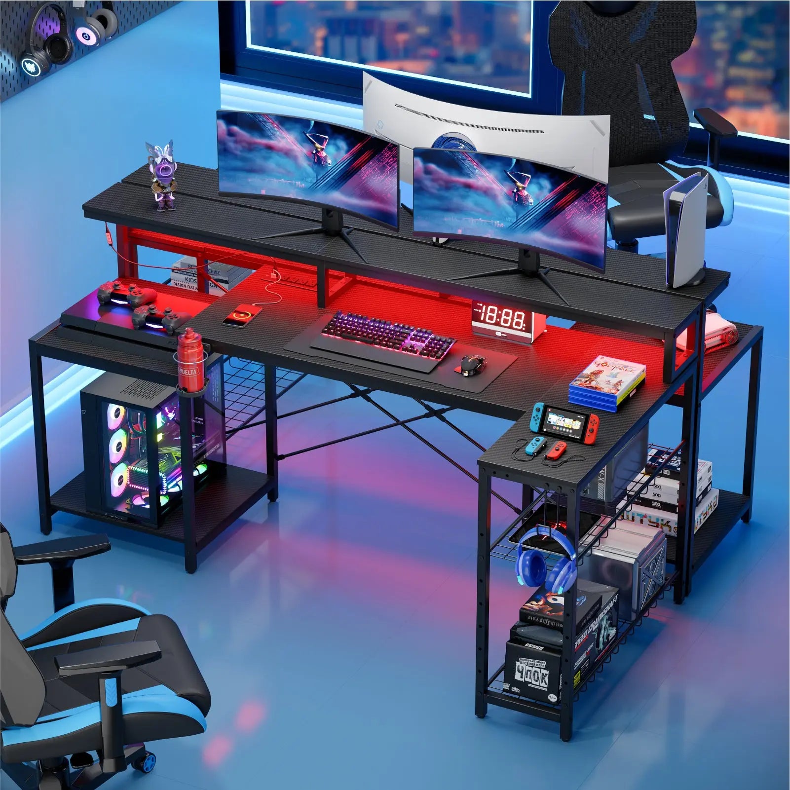 Gaming Desk with Power Outlet, 71.5 inch LED Computer Desk with Monitor Stand, L Shaped Large Desk with Metal Shelf, Cup Holder & Headset Hooks, Corner Desk for Bedroom 3D Carbon Fiber Bestier