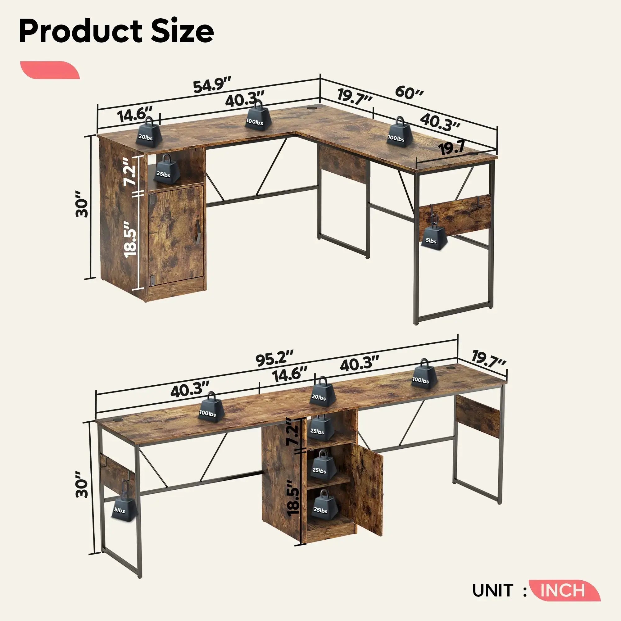 Bestier reversible L-shaped computer desk size guide with 95" straight option, capacity & storage. Rustic wood.