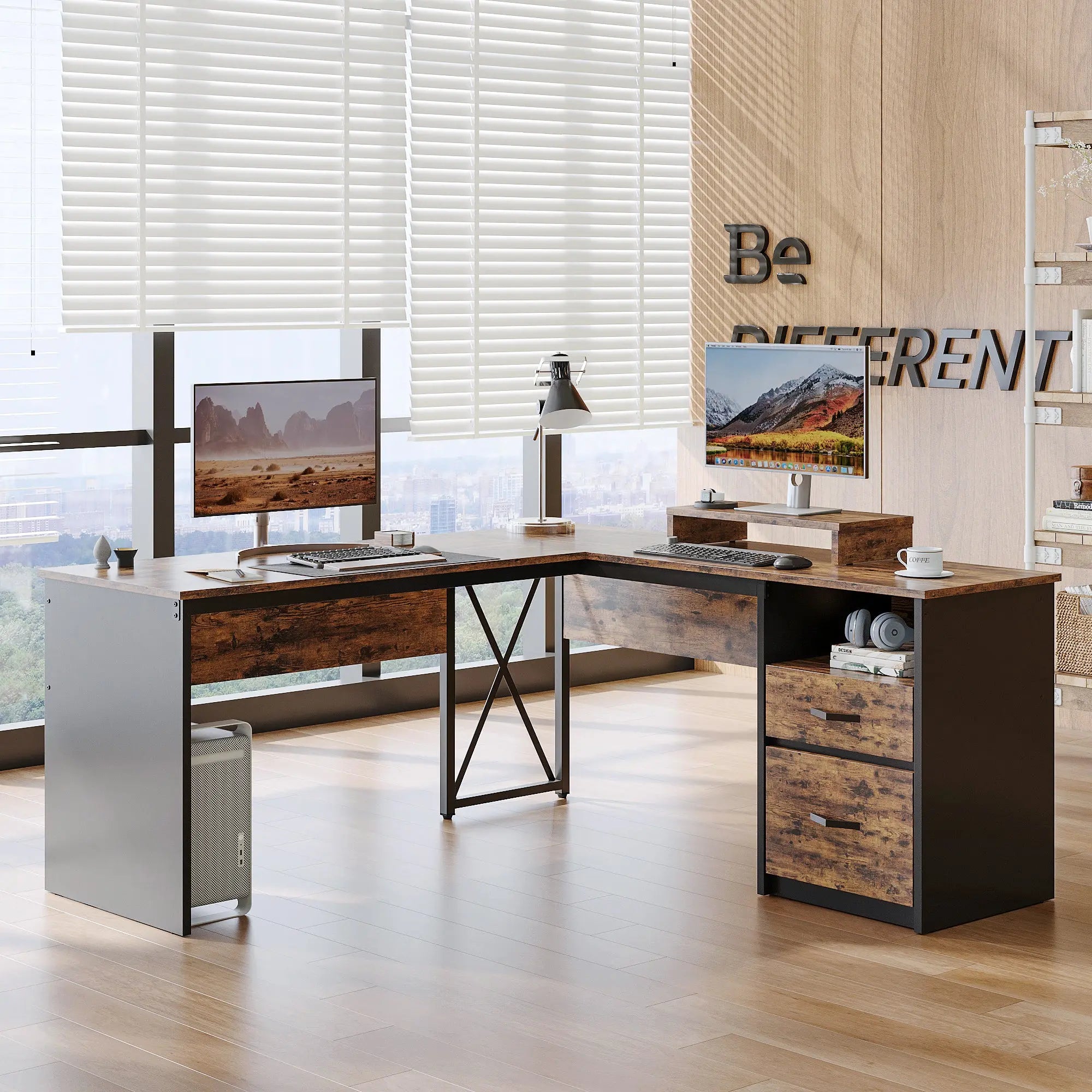 Bestier 56-inch L-Shaped Computer Desk with Drawers and Monitor Stand Bestier