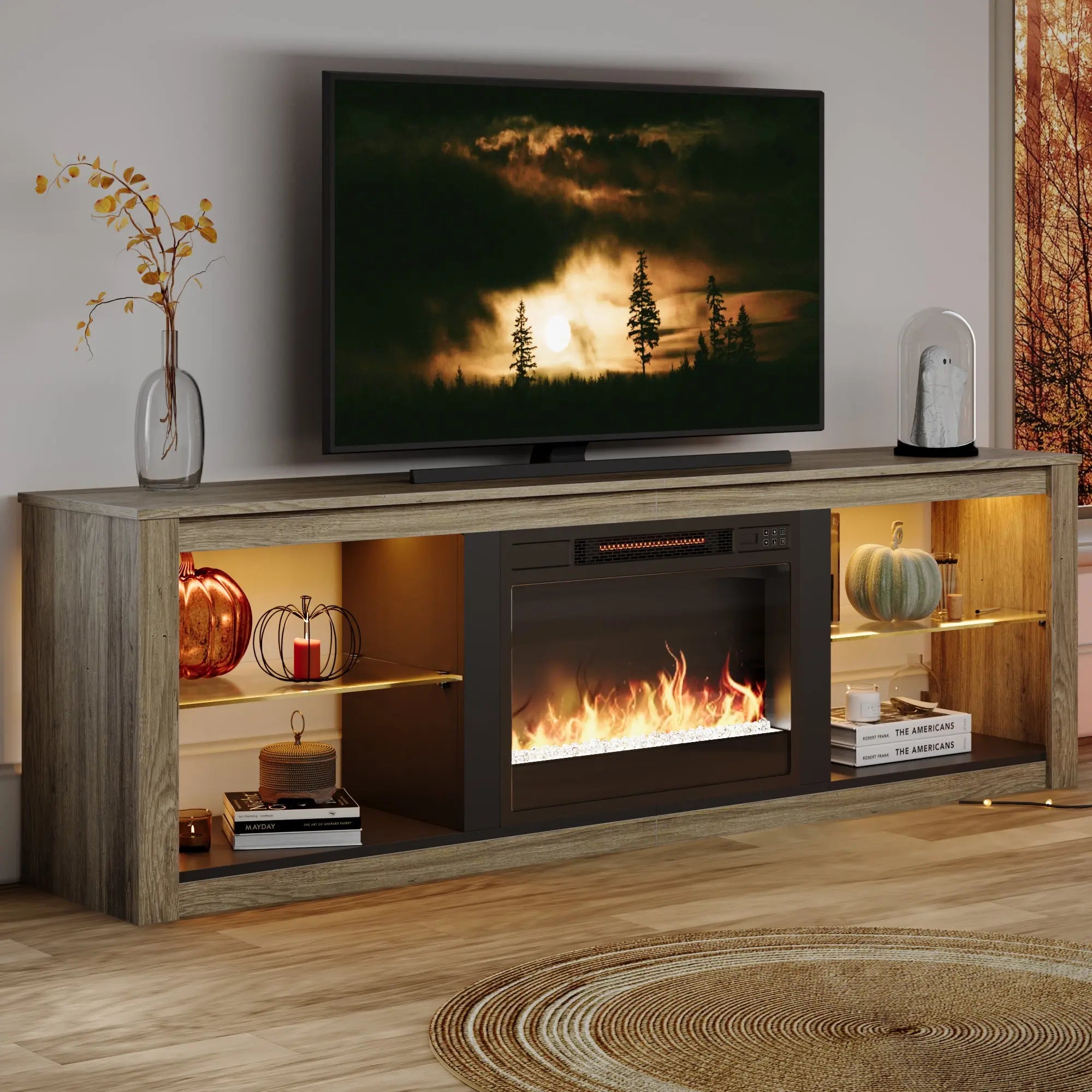 Bestier 70-inch fireplace TV stand: RGB lights, electric fire, adjustable glass shelves.