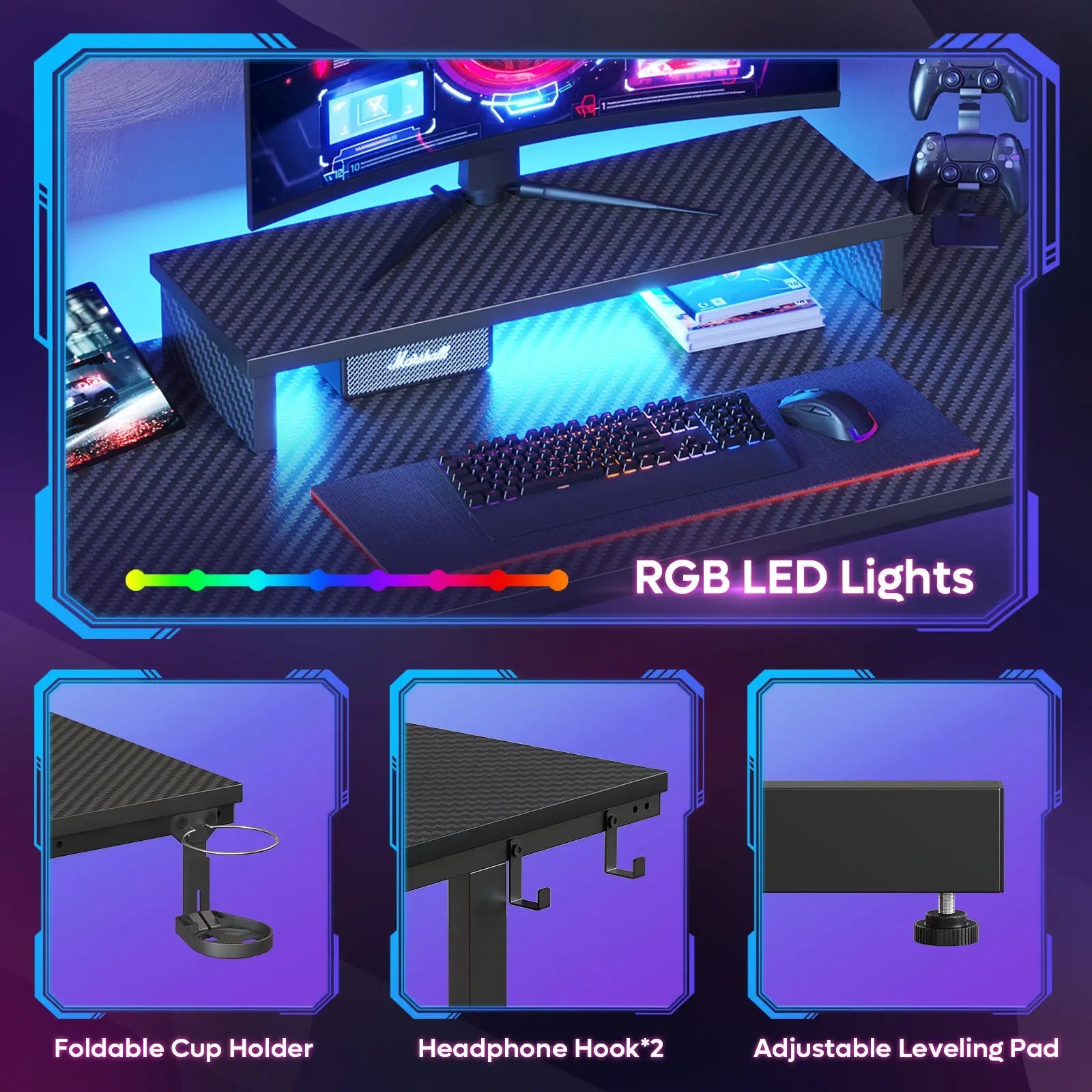 Bestier 42" Gaming Desk PC Computer Office Table Desk with LED Lights & Monitor Stand & Headphone Hook & Cup Holder in Carbon Fiber Black Bestier