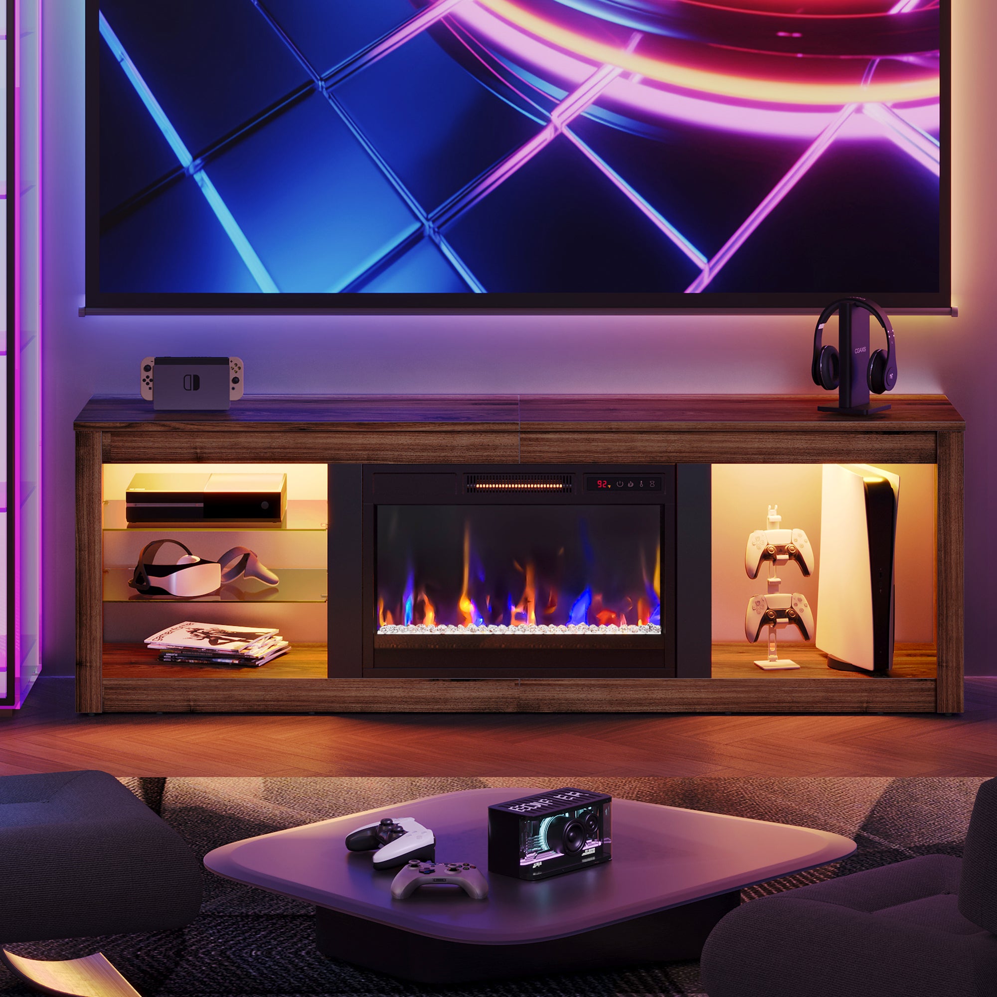 Bestier Modern Electric Fireplace TV Stand for TVs up to 55", with LED and Glass Shelves, Walnut