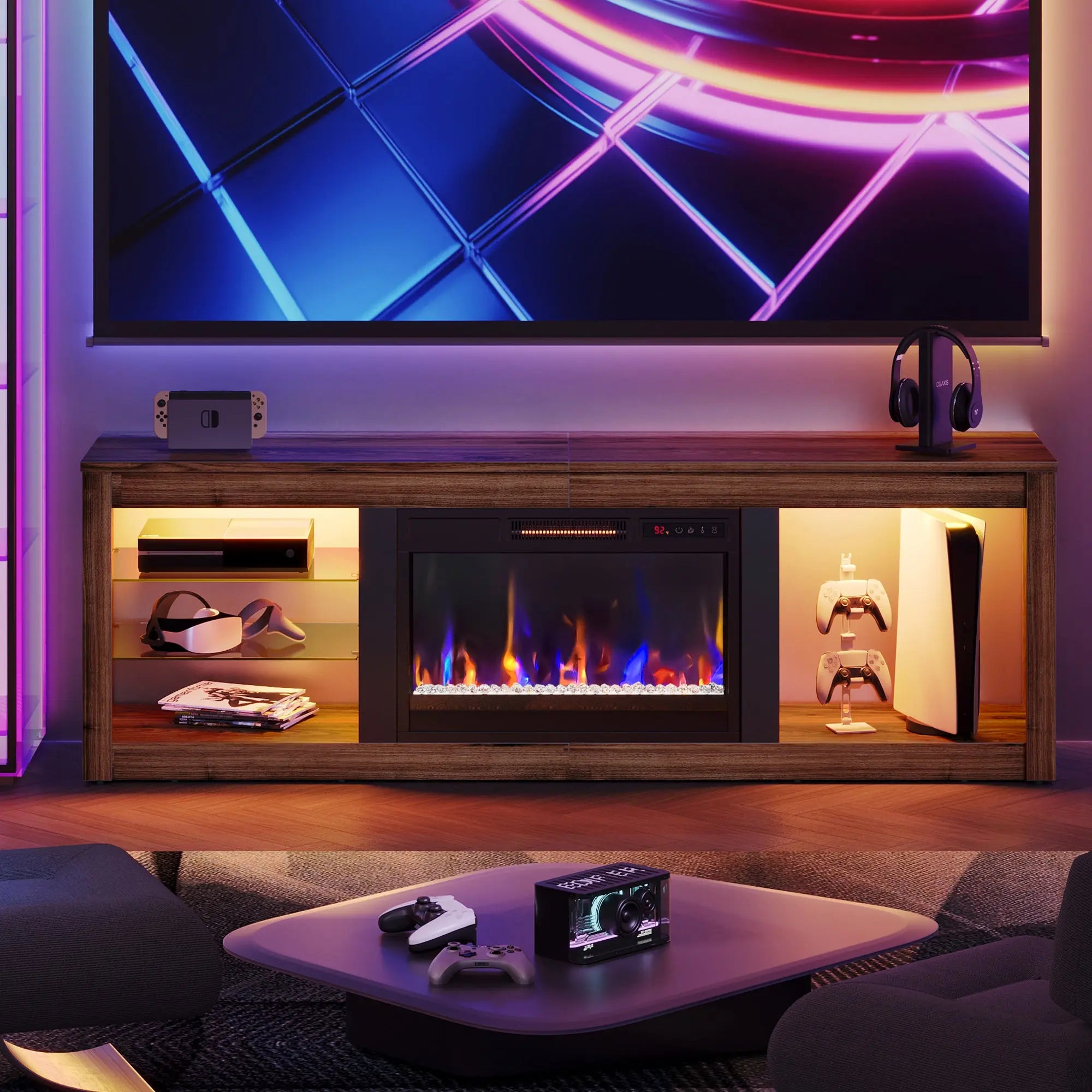 Bestier Modern Electric Fireplace TV Stand for TVs up to 55", with LED and Glass Shelves, Walnut Bestier